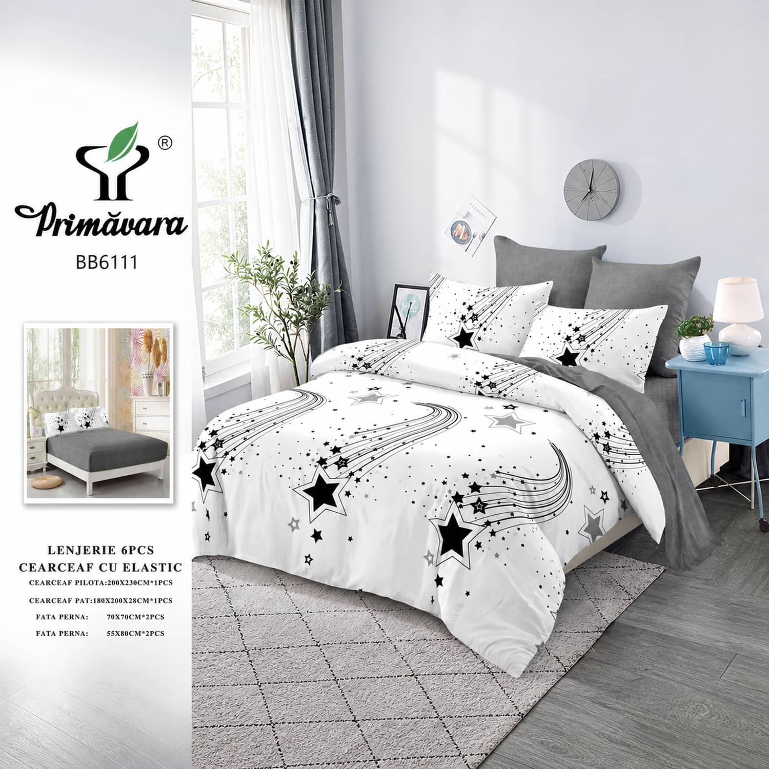 Lenjerie pat dublu, finet, elastic, 6 piese, model alb cu papadii negre | Primavara – imagine produs 2