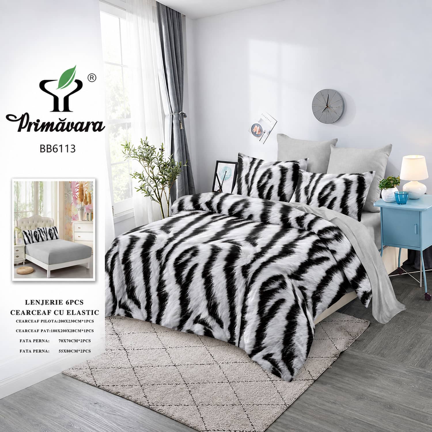 Lenjerie pat dublu, finet, elastic, 6 piese, model alb negru cu zebra si text | Primavara – imagine produs 2