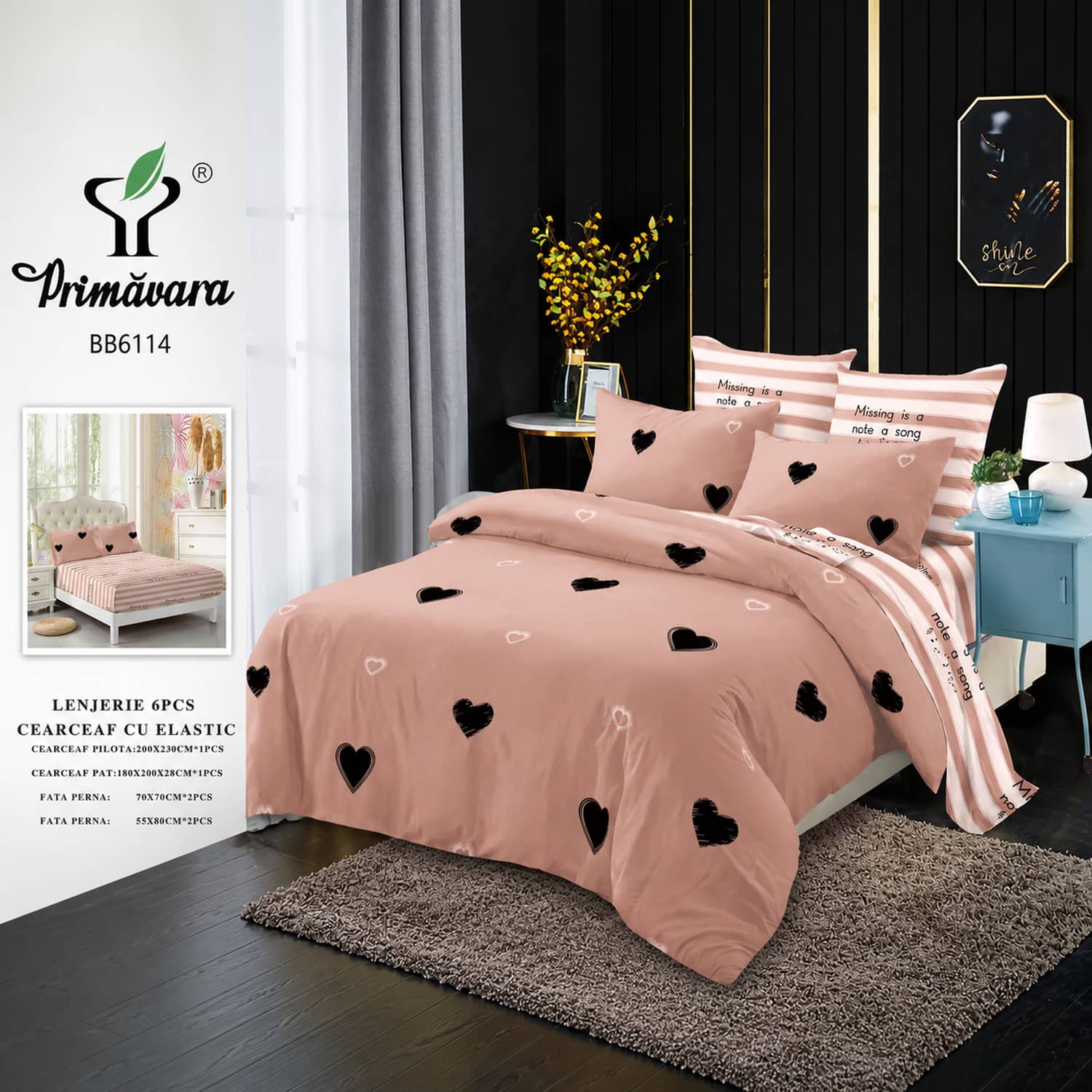 Lenjerie pat dublu, finet, elastic, 6 piese, model roz pudrat cu inimi negre | Primavara – imagine produs 2