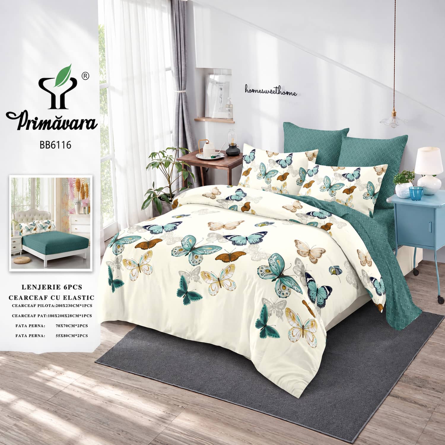 Lenjerie pat dublu, finet, elastic, 6 piese, model alb turcoaz cu fluturi | Primavara – imagine produs 2