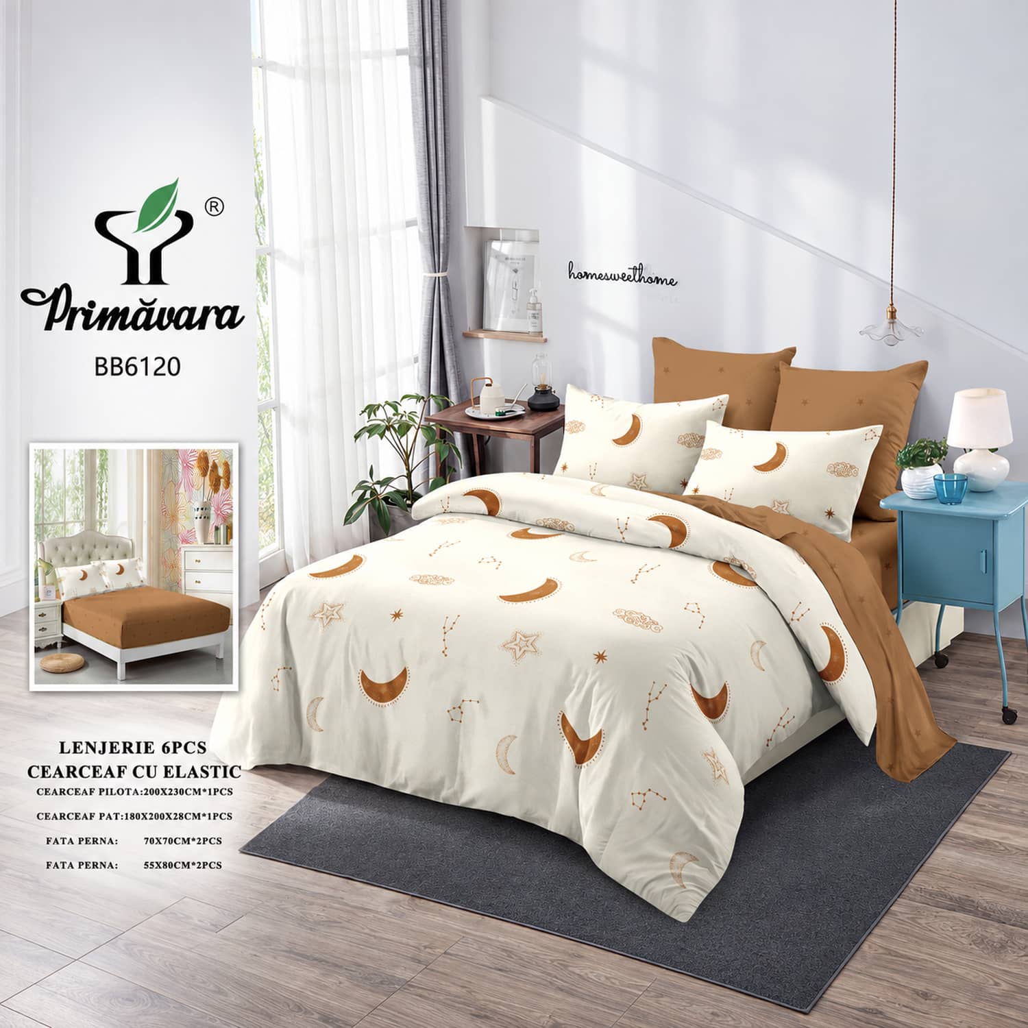Lenjerie pat dublu, finet, elastic, 6 piese, model crem cu semiluni | Primavara – imagine produs 2