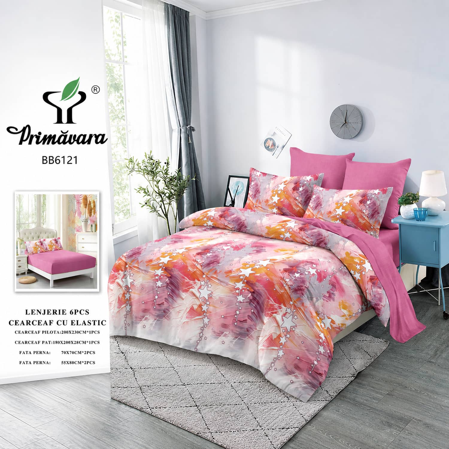 Lenjerie pat dublu, finet, elastic, 6 piese, model roz cu flori multicolore | Primavara – imagine produs 2