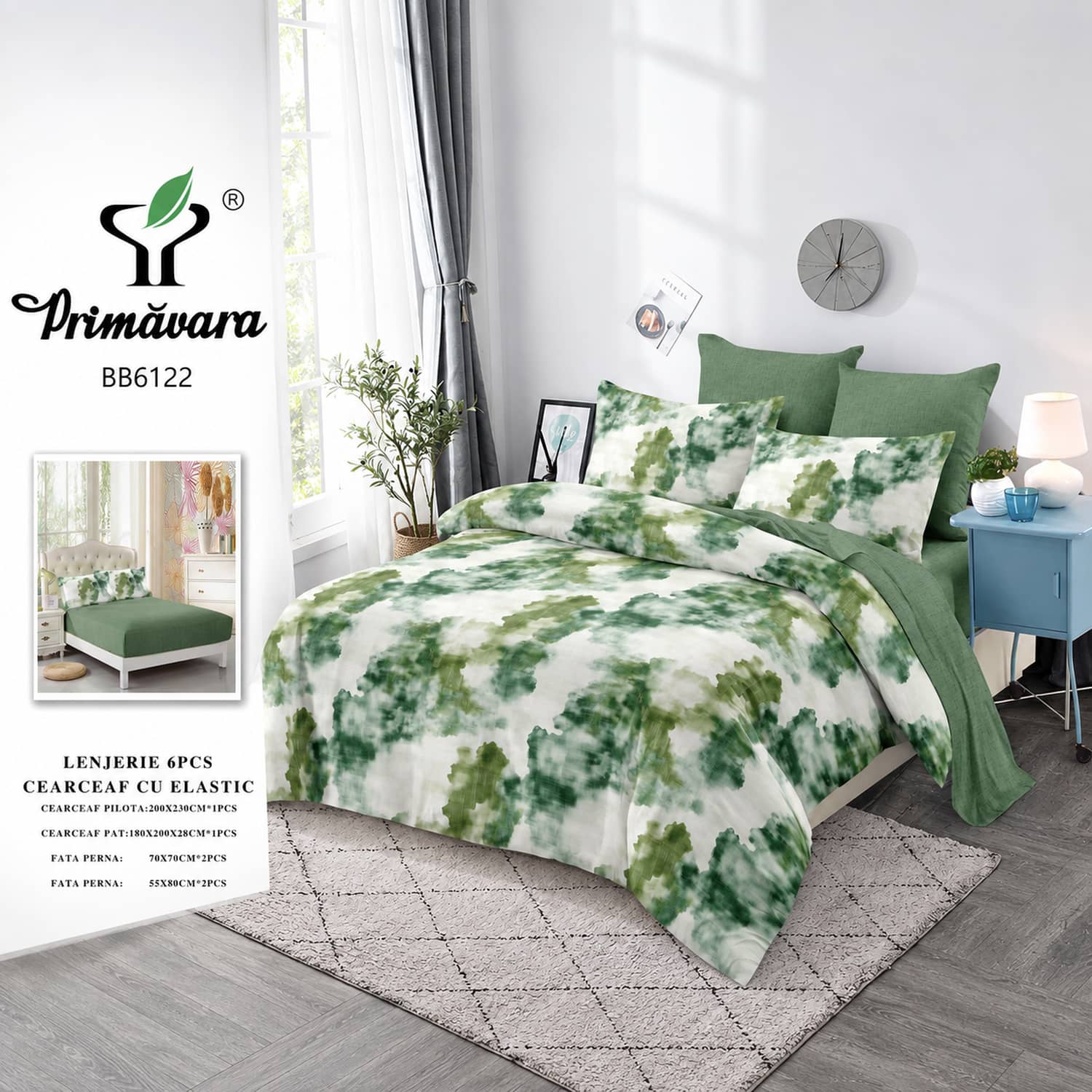 Lenjerie pat dublu, finet, elastic, 6 piese, model alb verde cu frunze | Primavara – imagine produs 2