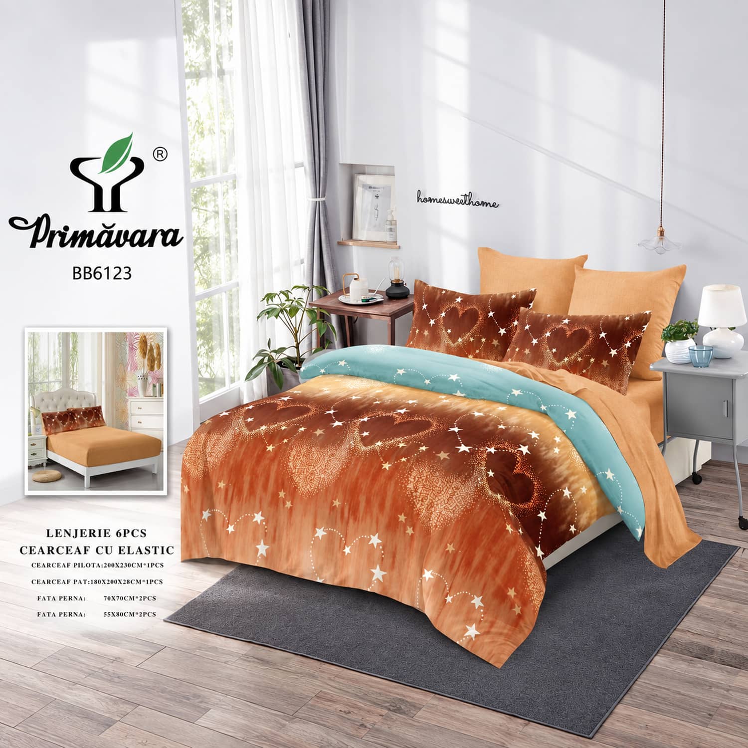 Lenjerie pat dublu, finet, elastic, 6 piese, model caramiziu cu semiluni | Primavara – imagine produs 2