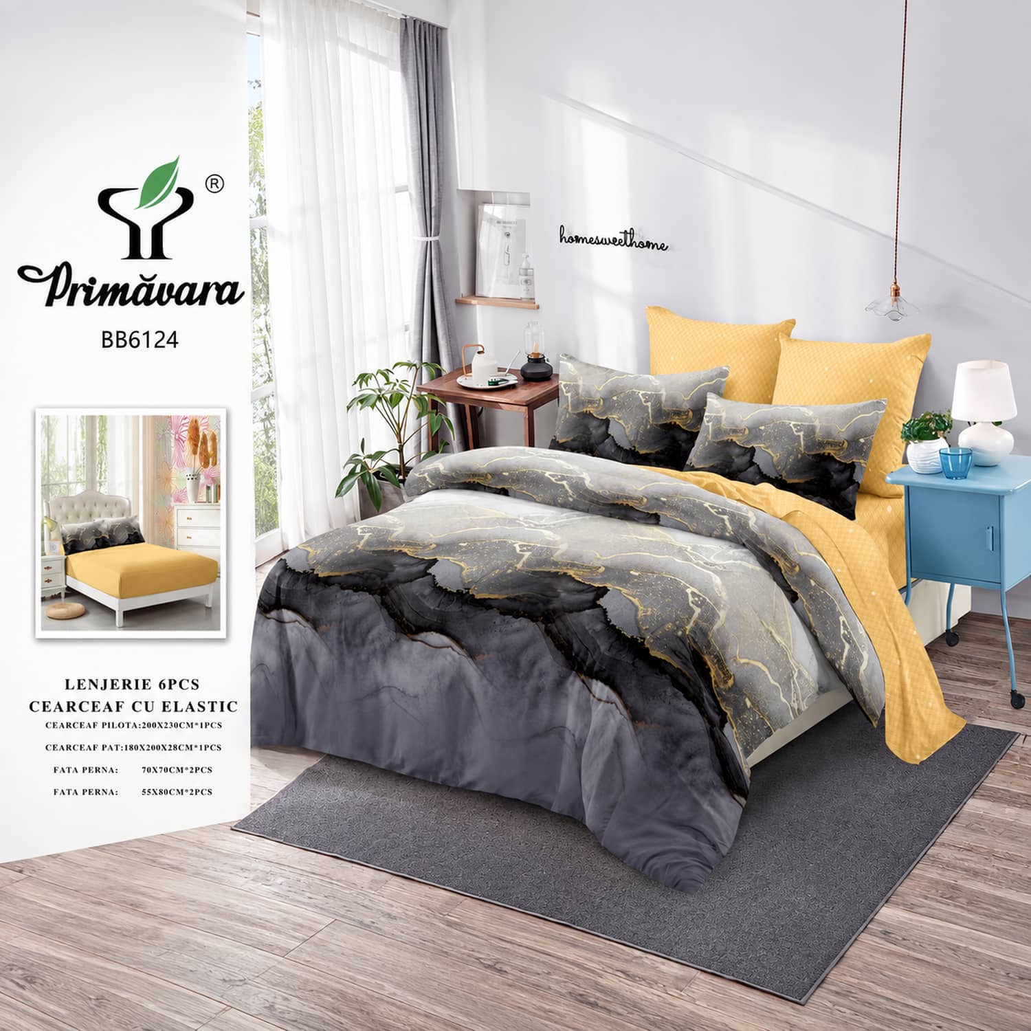 Lenjerie pat dublu, finet, elastic, 6 piese, model gri cu frunze aurii | Primavara – imagine produs 2