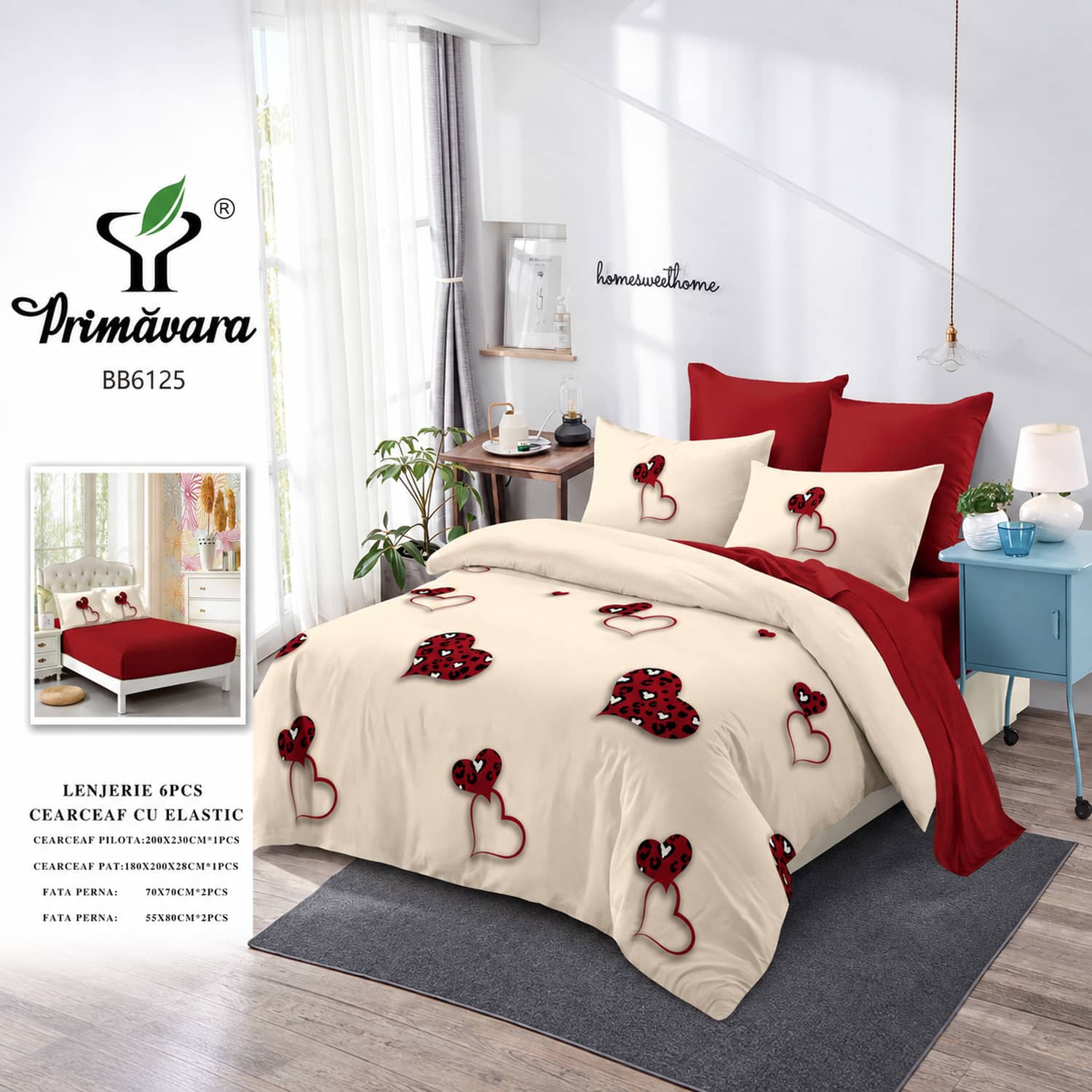 Lenjerie pat dublu, finet, elastic, 6 piese, model crem cu flori bordo | Primavara – imagine produs 2