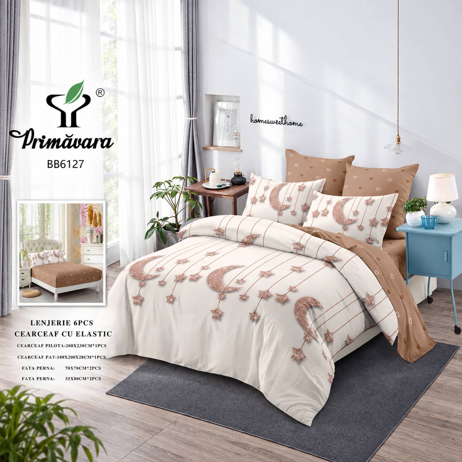 Lenjerie pat dublu, finet, elastic, 6 piese, model bej cu flori maro | Primavara – imagine produs 2