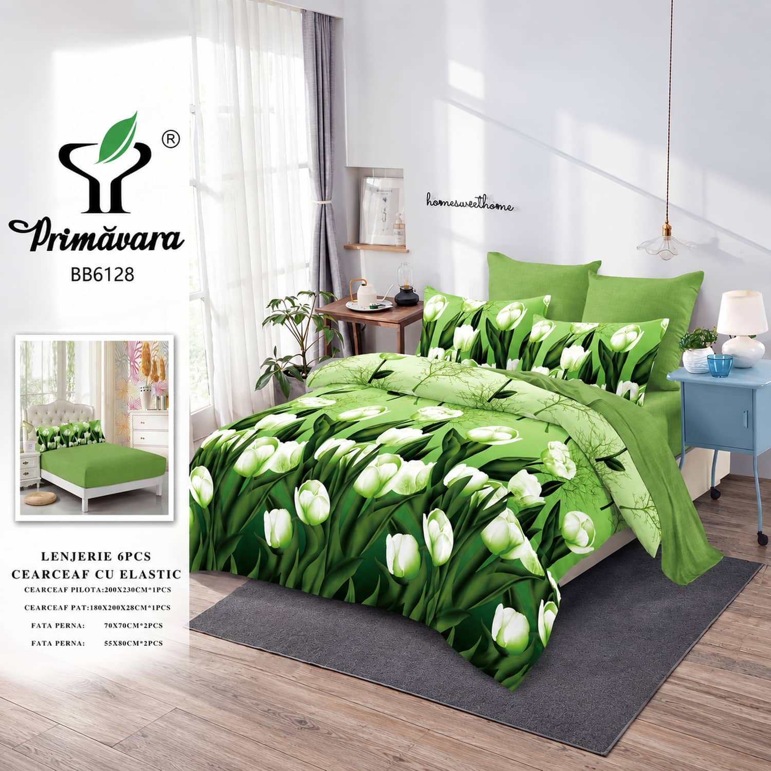 Lenjerie pat dublu, finet, elastic, 6 piese, model verde cu lalele albe | Primavara – imagine produs 2