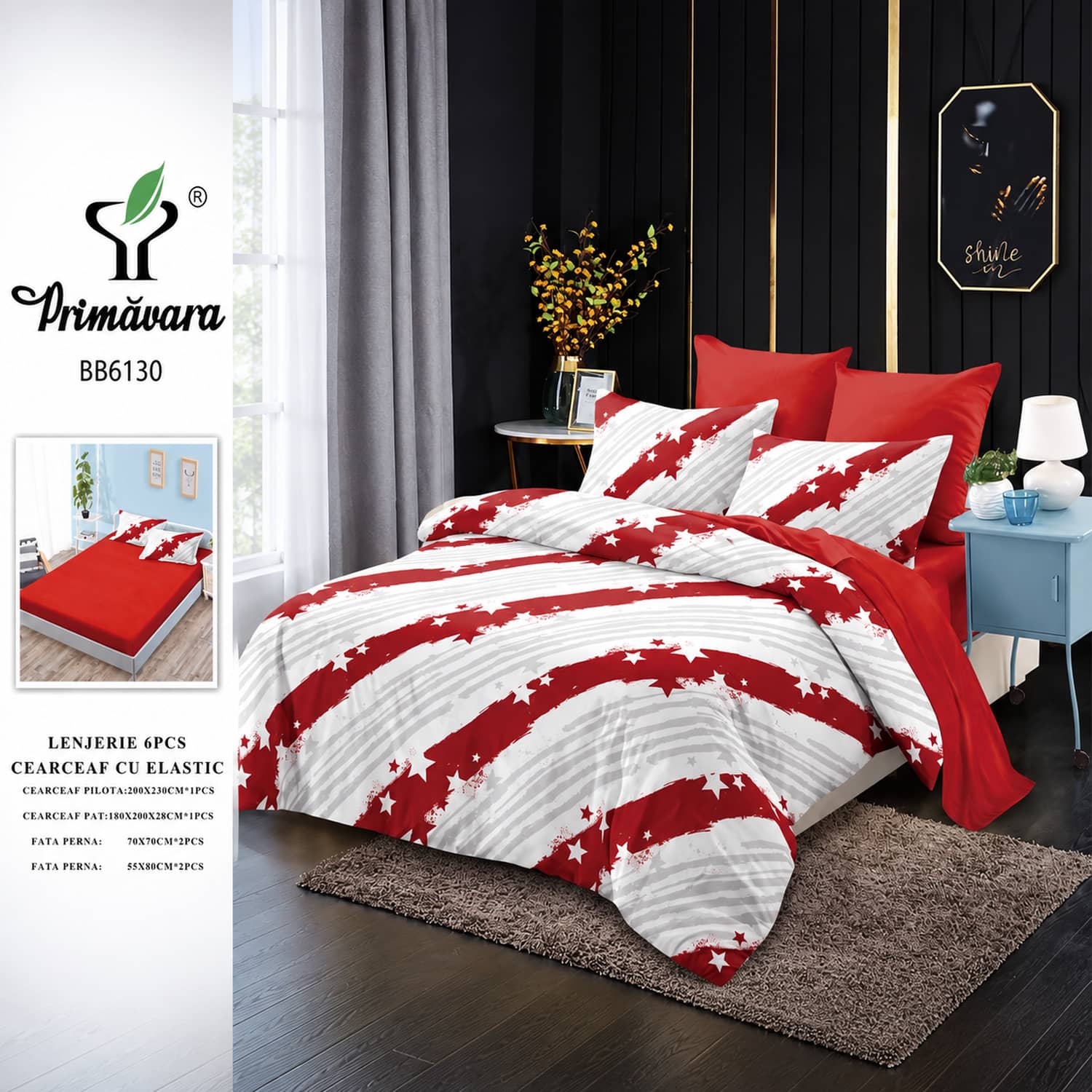 Lenjerie pat dublu, finet, elastic, 6 piese, model rosu alb cu dungi si frunze | Primavara – imagine produs 2
