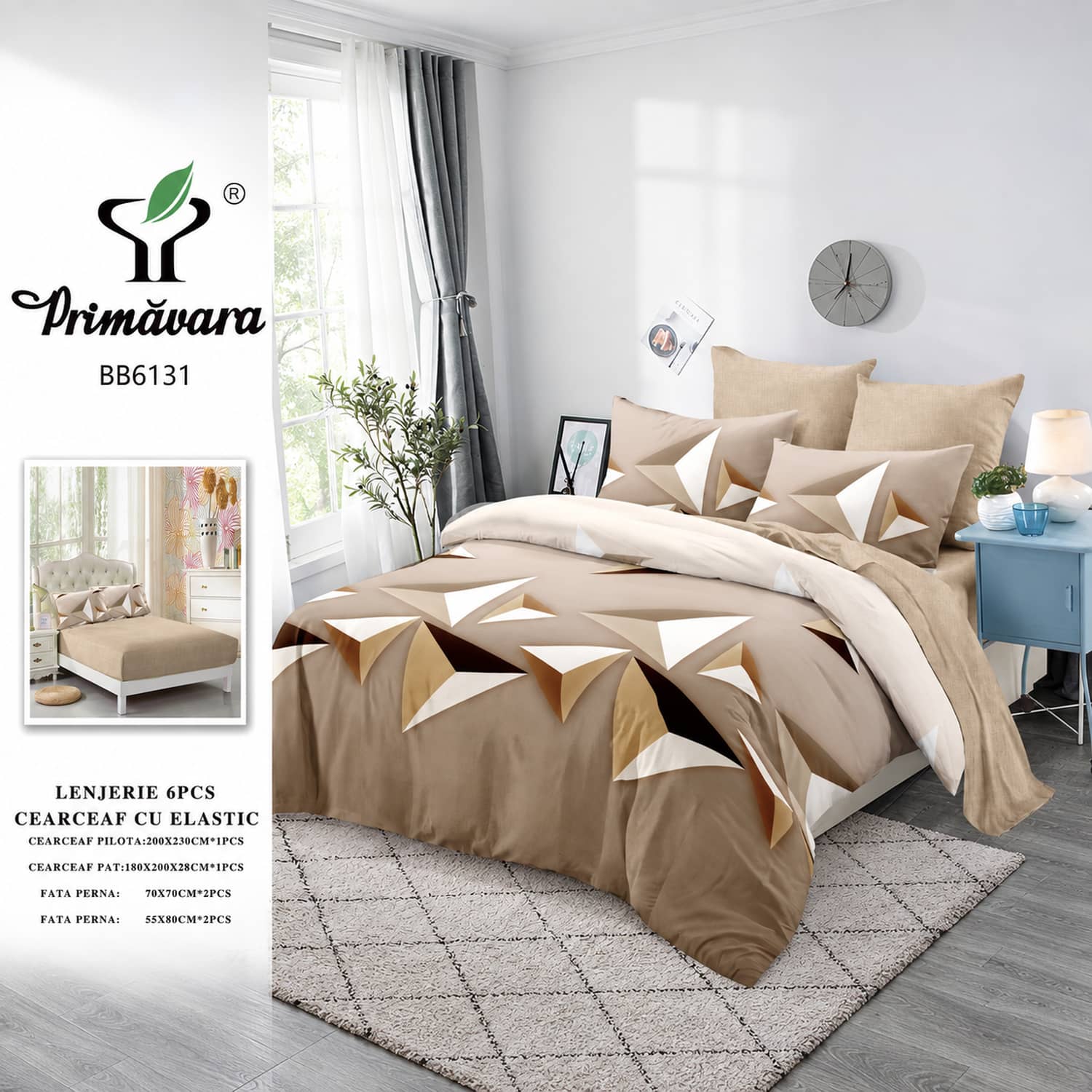 Lenjerie pat dublu, finet, elastic, 6 piese, model bej cu triunghiuri | Primavara – imagine produs 2
