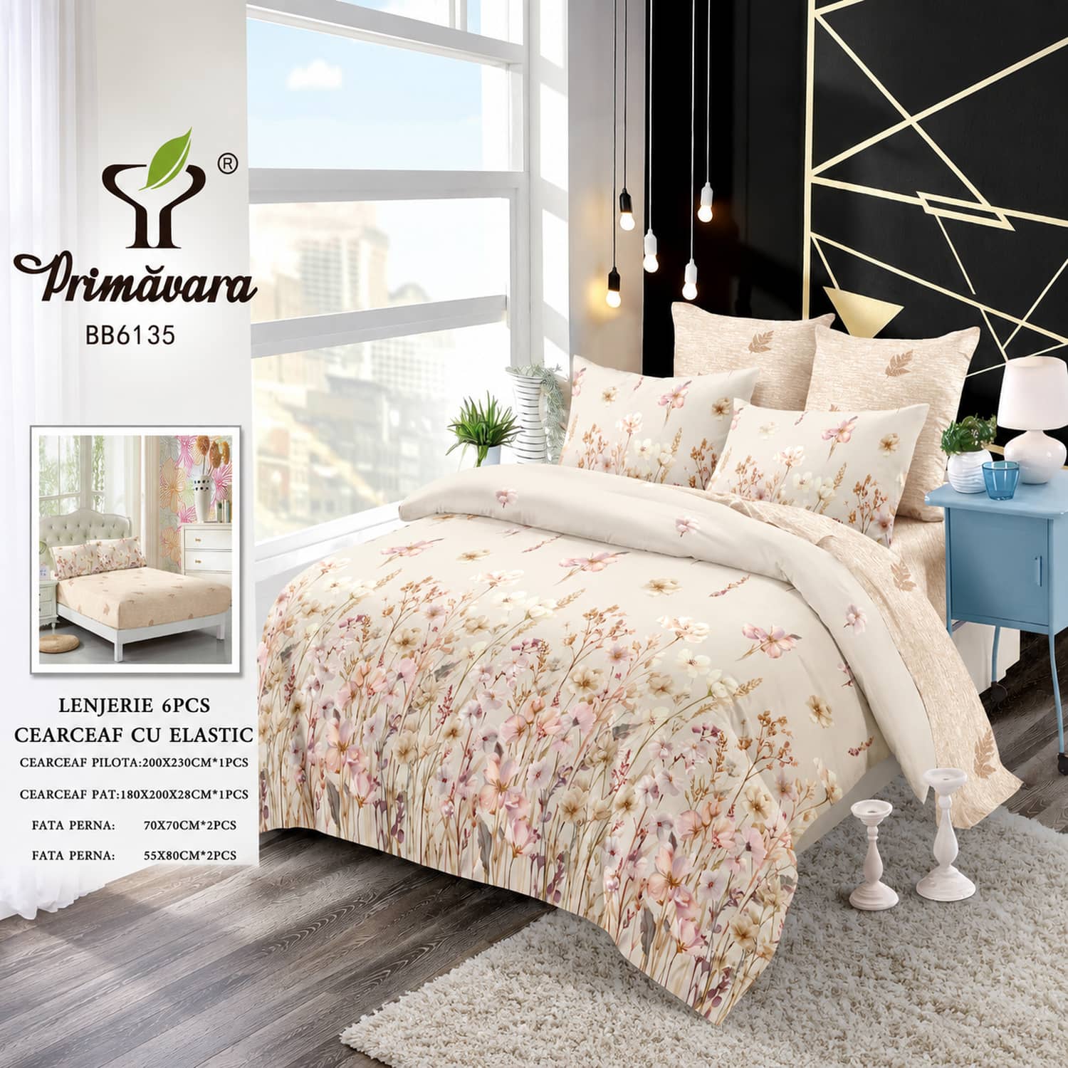 Lenjerie pat dublu, finet, elastic, 6 piese, model crem cu flori marunte | Primavara – imagine produs 2
