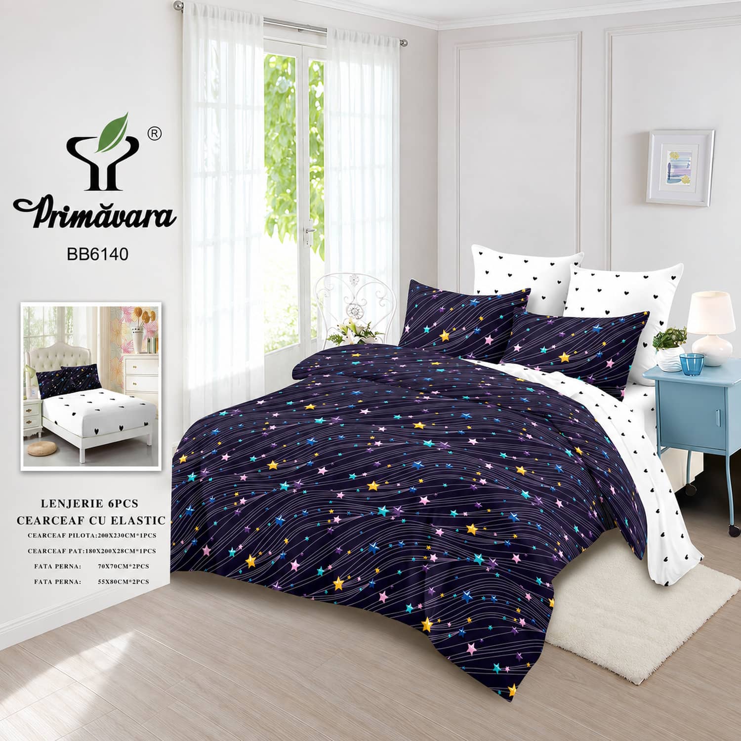 Lenjerie pat dublu, finet, elastic, 6 piese, model bleumarin cu stelute colorate | Primavara – imagine produs 2