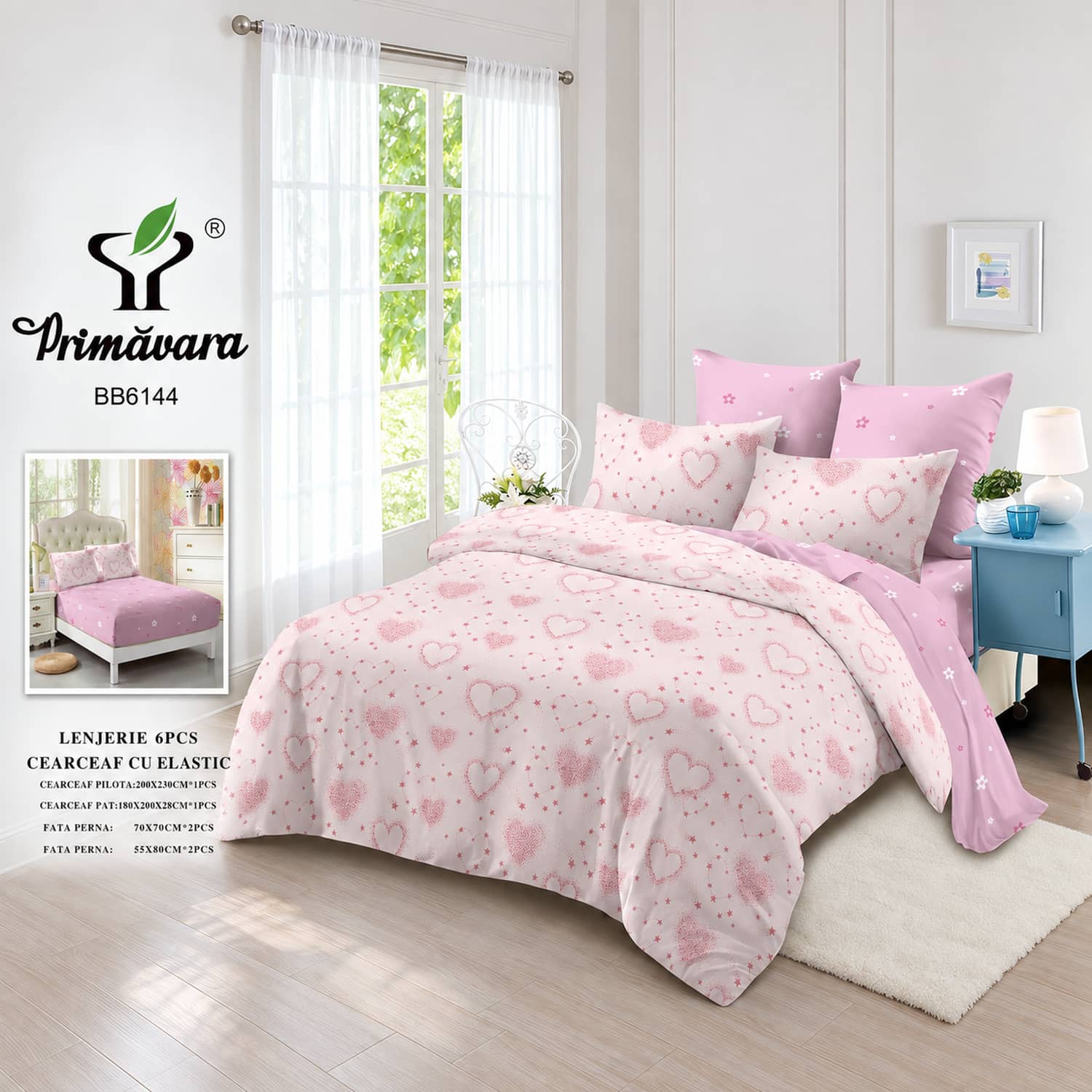 Lenjerie pat dublu, finet, elastic, 6 piese, model roz pal cu flori | Primavara – imagine produs 2