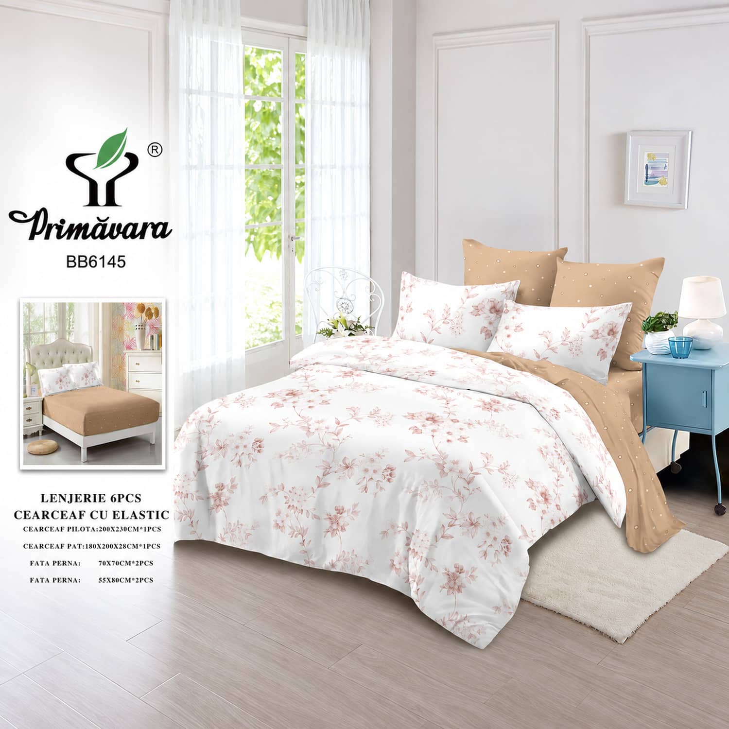 Lenjerie pat dublu, finet, elastic, 6 piese, model alb cu flori piersica | Primavara – imagine produs 2