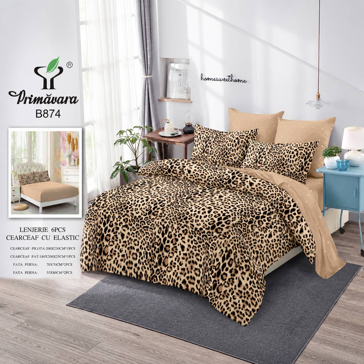 Lenjerie pat dublu, finet, elastic, 6 piese, model maro leopard | Primavara – imagine produs 2
