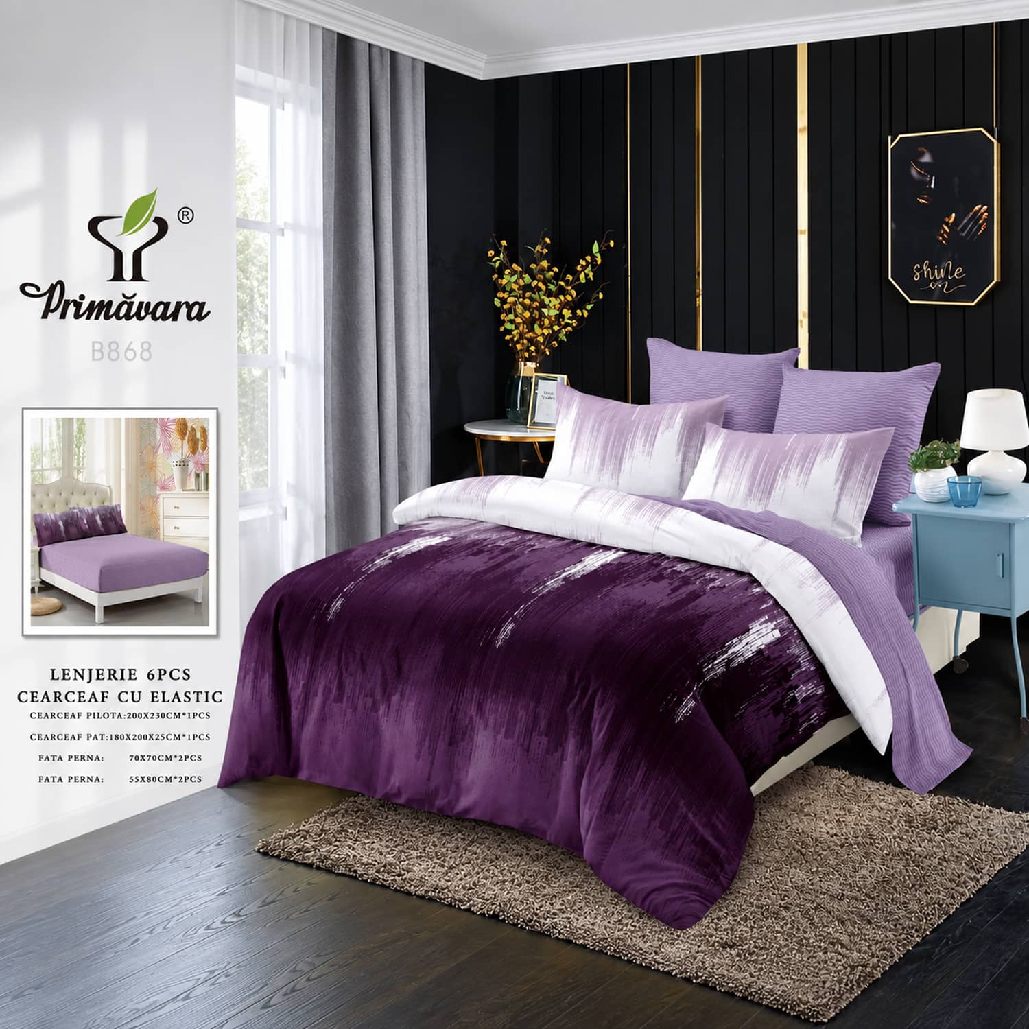Lenjerie pat dublu, finet, elastic, 6 piese, model mov cu banda alba | Primavara – imagine produs 2