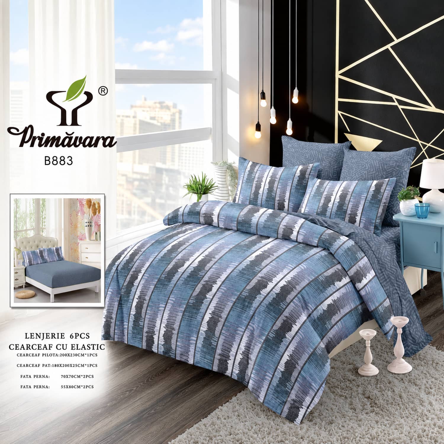 Lenjerie pat dublu, finet, elastic, 6 piese, model albastru cu dungi picturale | Primavara – imagine produs 2