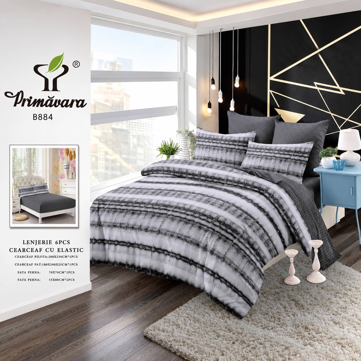 Lenjerie pat dublu, finet, elastic, 6 piese, model gri cu dungi orizontale | Primavara – imagine produs 2
