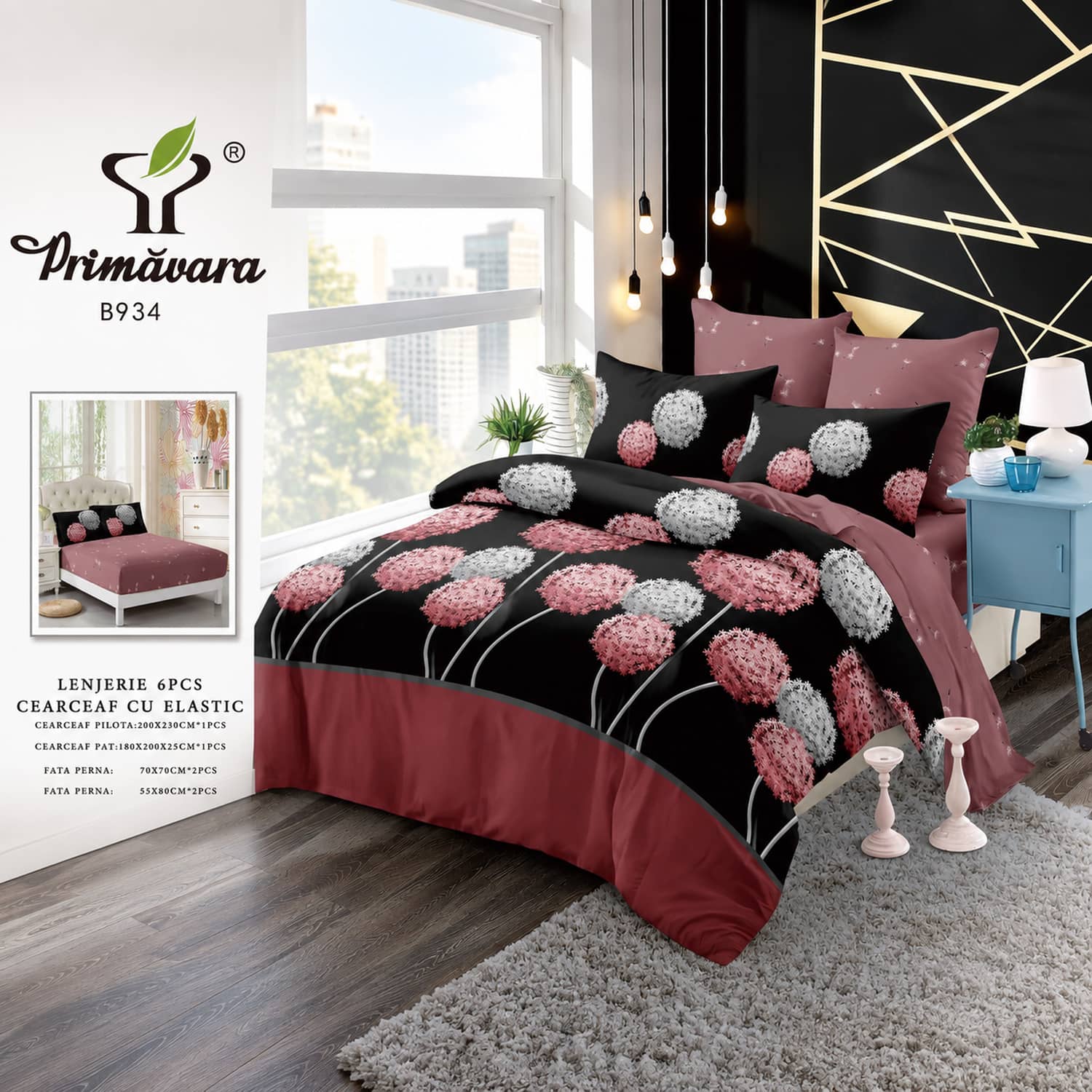 Lenjerie pat dublu, finet, elastic, 6 piese, model negru cu flori roz | Primavara – imagine produs 2