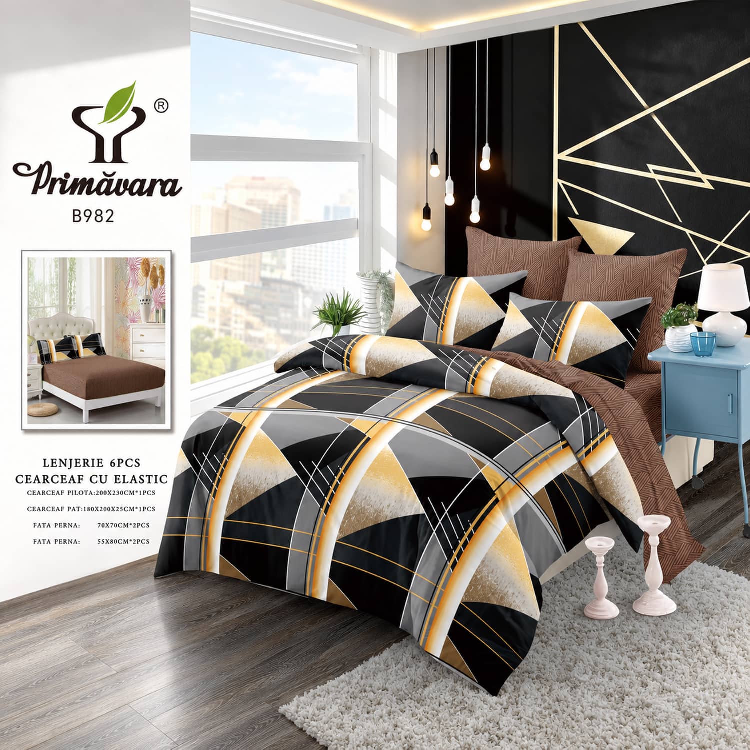Lenjerie pat dublu, finet, elastic, 6 piese, model negru cu carouri galbene | Primavara – imagine produs 2