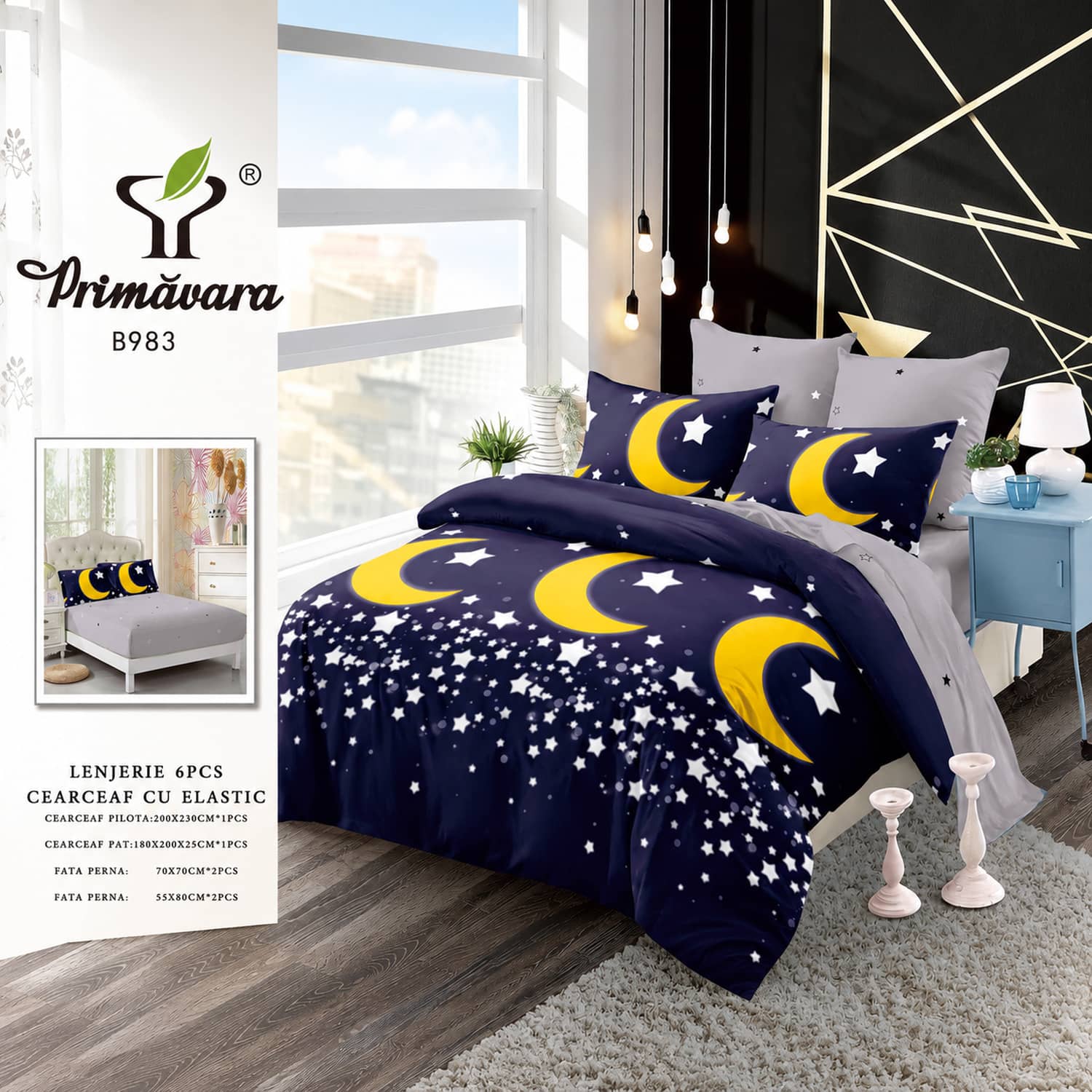 Lenjerie pat dublu, finet, elastic, 6 piese, model bleumarin cu luni si stele | Primavara – imagine produs 2