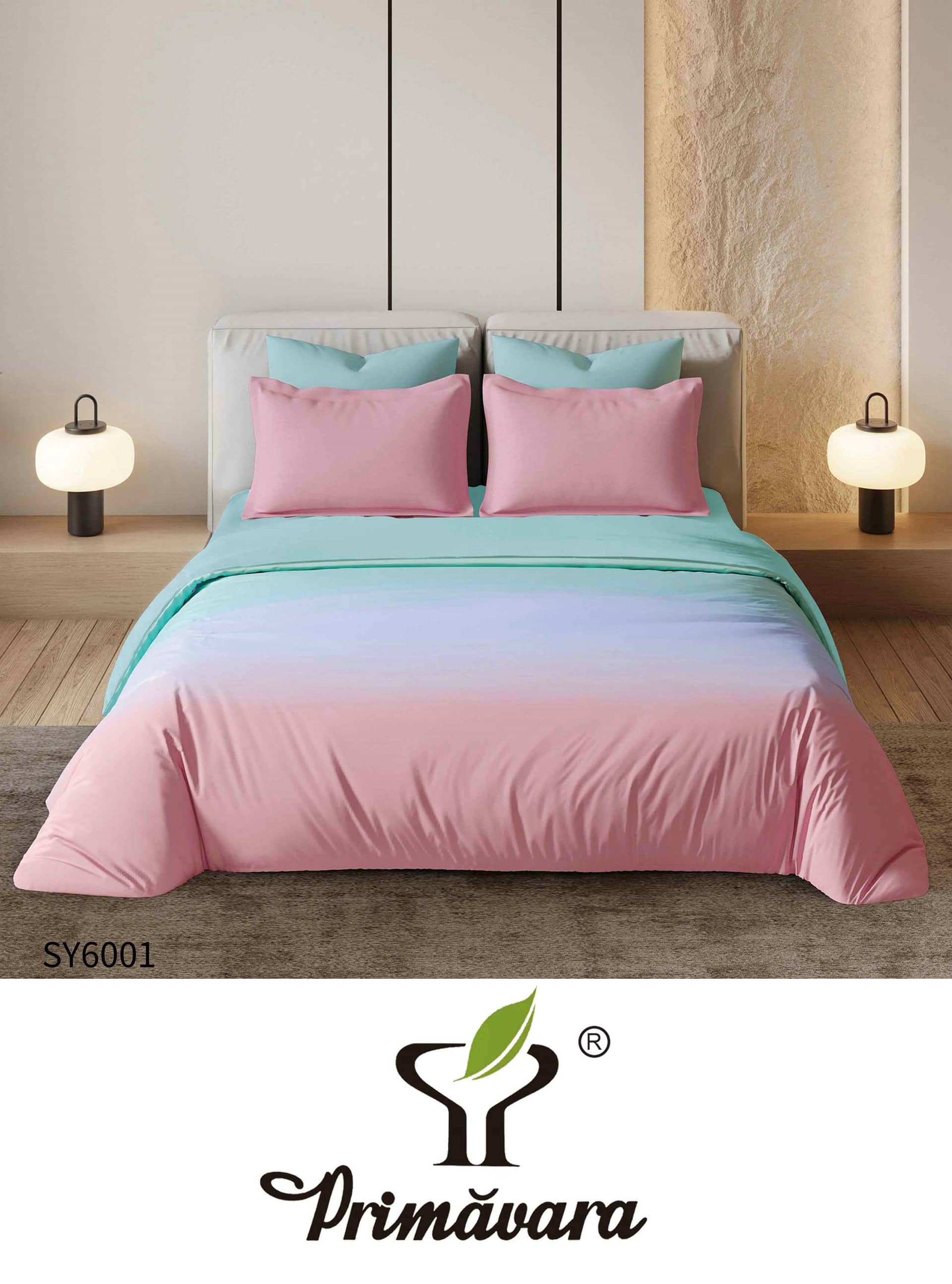 Lenjerie pat dublu, finet gros, elastic, 6 piese, model roz turcoaz cu model bicolor | Primavara – imagine produs 2