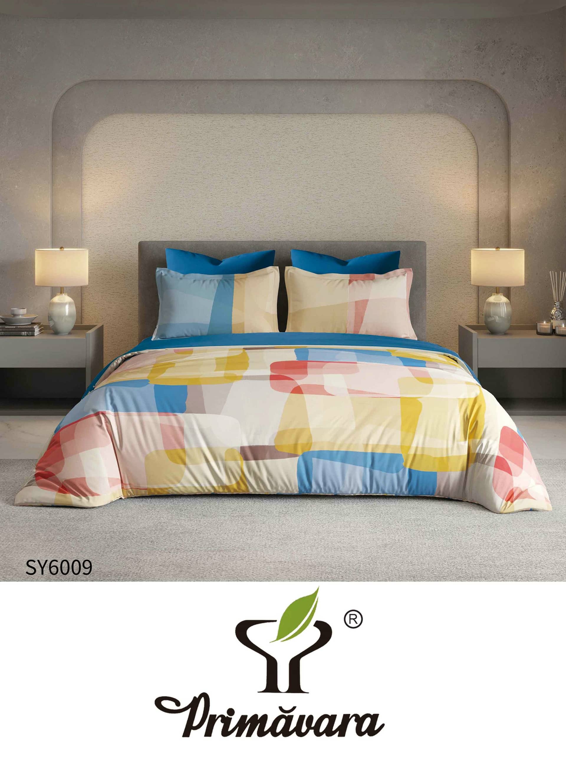 Lenjerie pat dublu, finet gros, elastic, 6 piese, model alb cu patrate multicolore | Primavara – imagine produs 2
