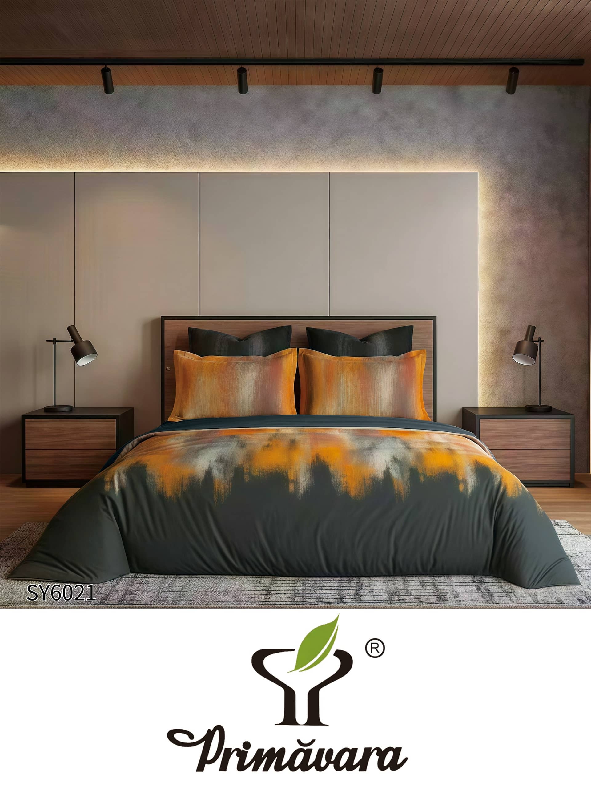 Lenjerie pat dublu, finet gros, elastic, 6 piese, model gri petrol cu model abstract portocaliu | Primavara – imagine produs 2