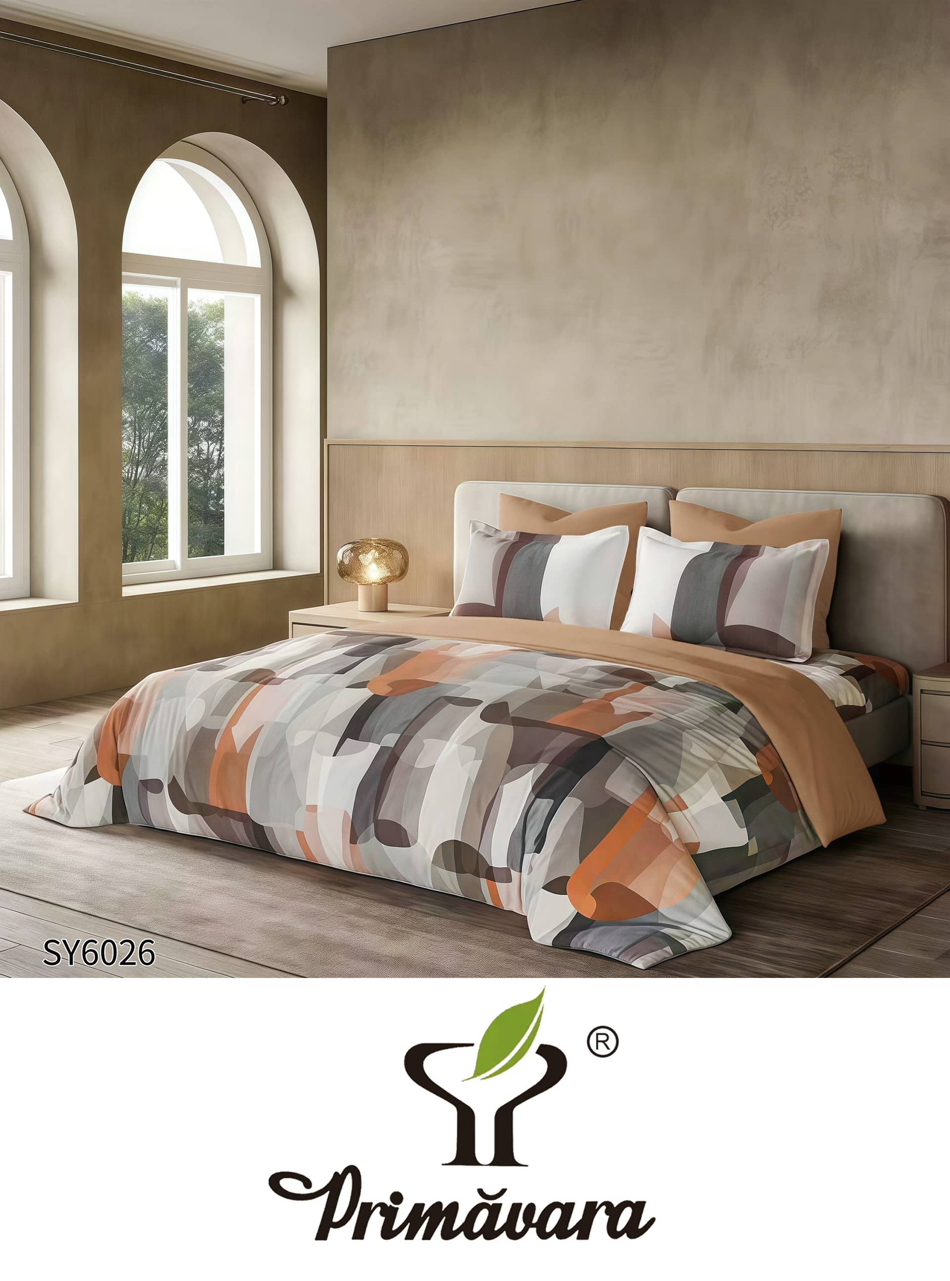 Lenjerie pat dublu, finet gros, elastic, 6 piese, model gri caramiziu cu model geometric | Primavara – imagine produs 2