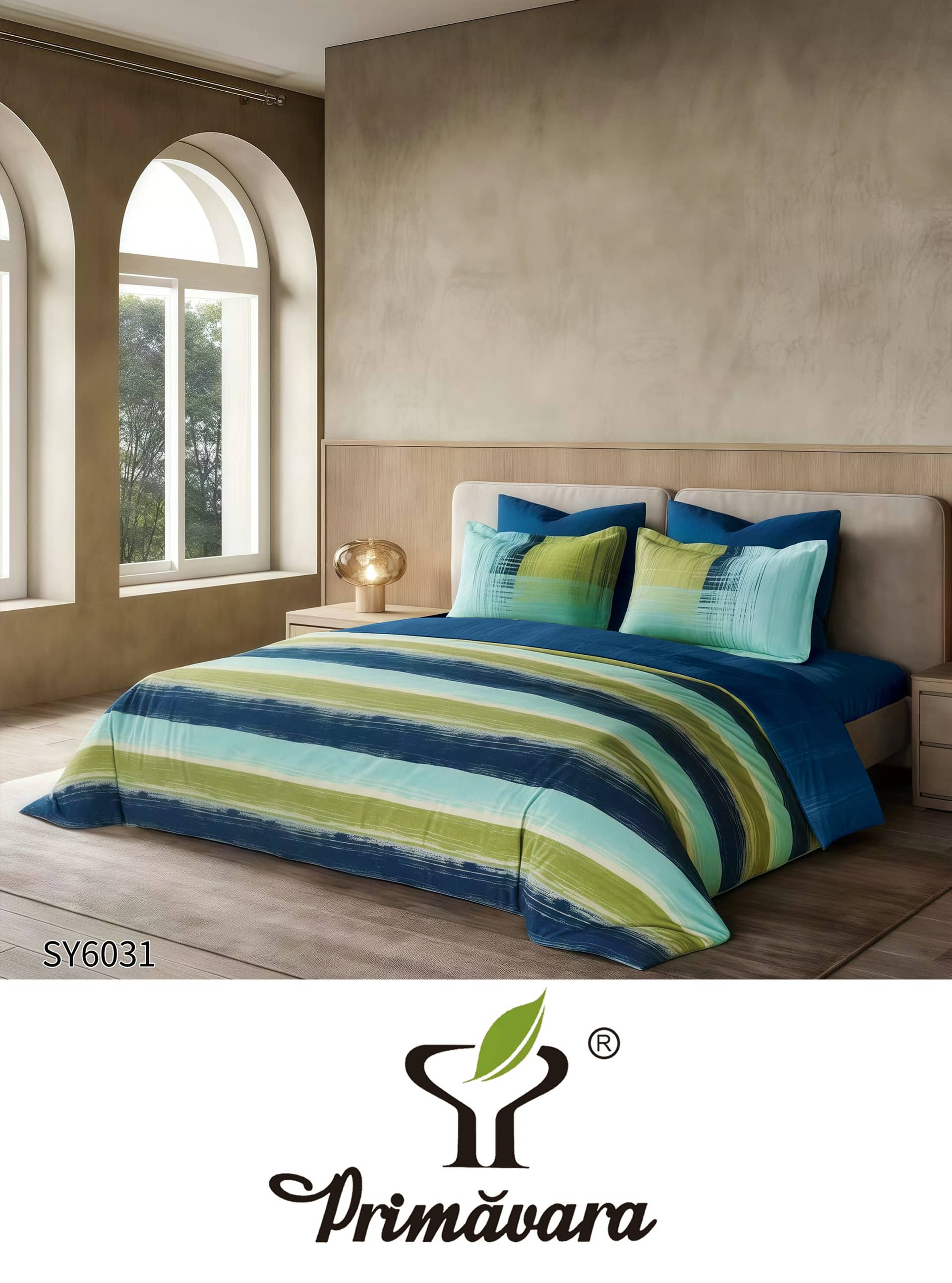 Lenjerie pat dublu, finet gros, elastic, 6 piese, model bleumarin verde cu dungi | Primavara – imagine produs 2