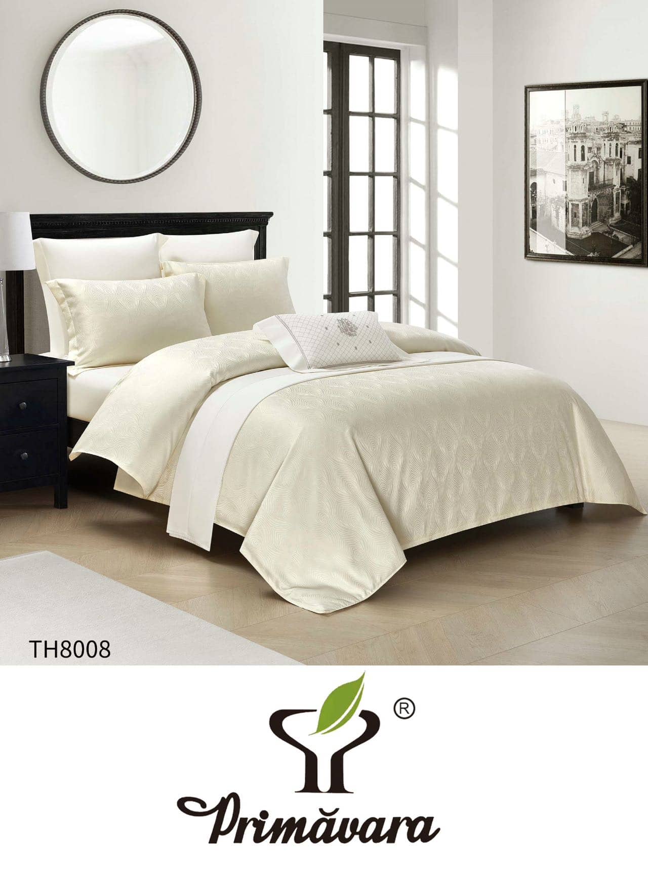 Lenjerie pat dublu, Jacquard, elastic, 4 piese, model crem cu model ornamental | Primavara – imagine produs 2