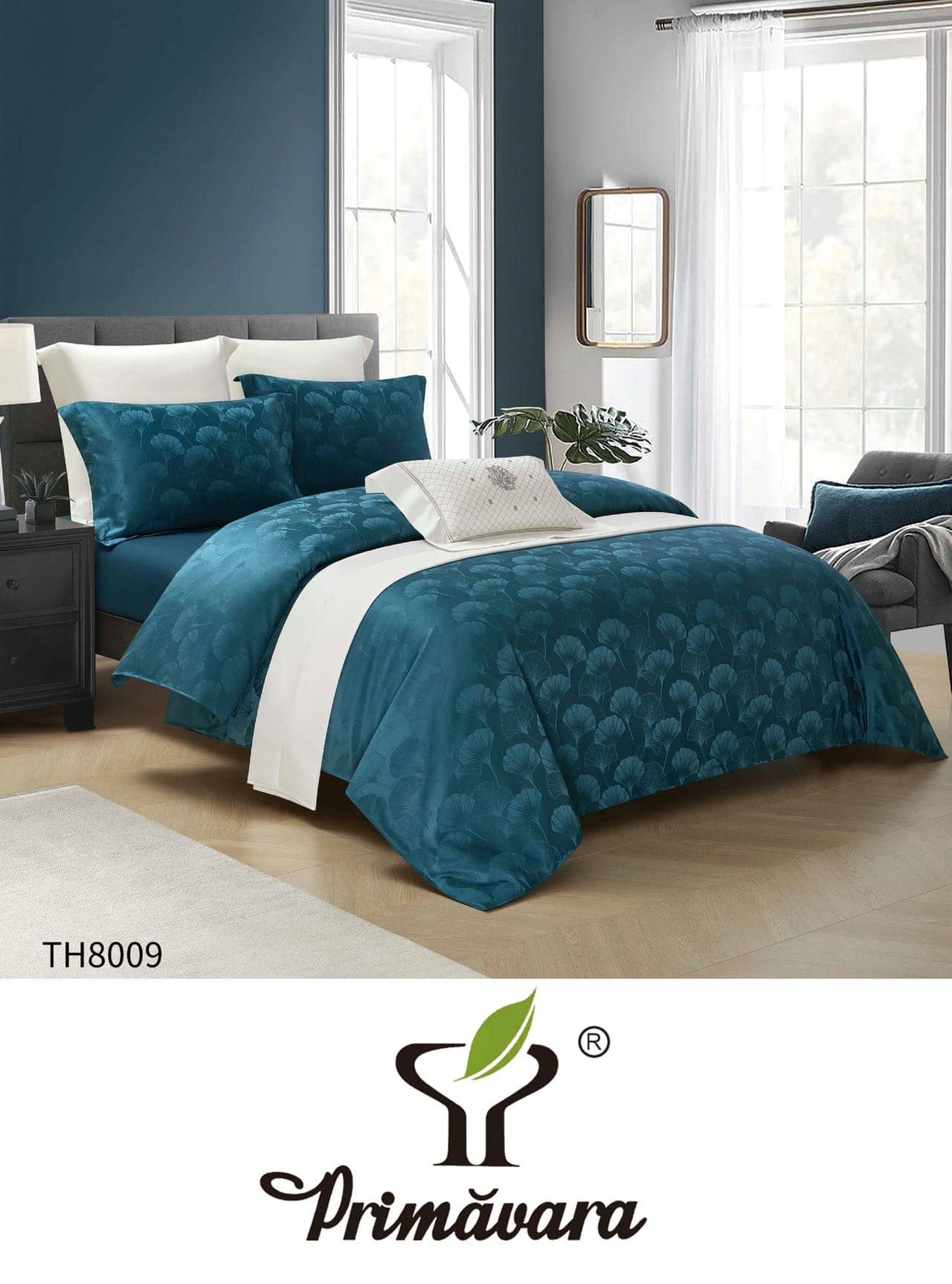 Lenjerie pat dublu, Jacquard, elastic, 4 piese, model turcoaz cu medalioane | Primavara – imagine produs 2