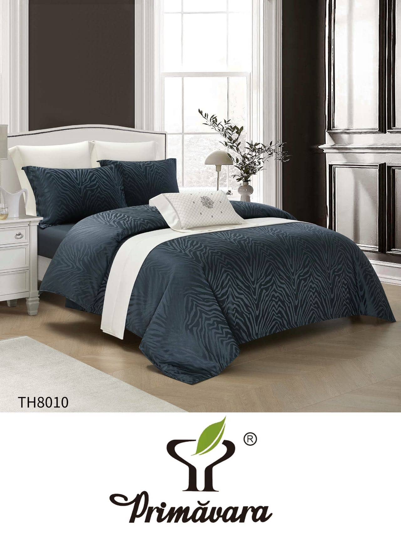 Lenjerie pat dublu, Jacquard, elastic, 4 piese, model bleumarin cu frunze stilizate | Primavara – imagine produs 2