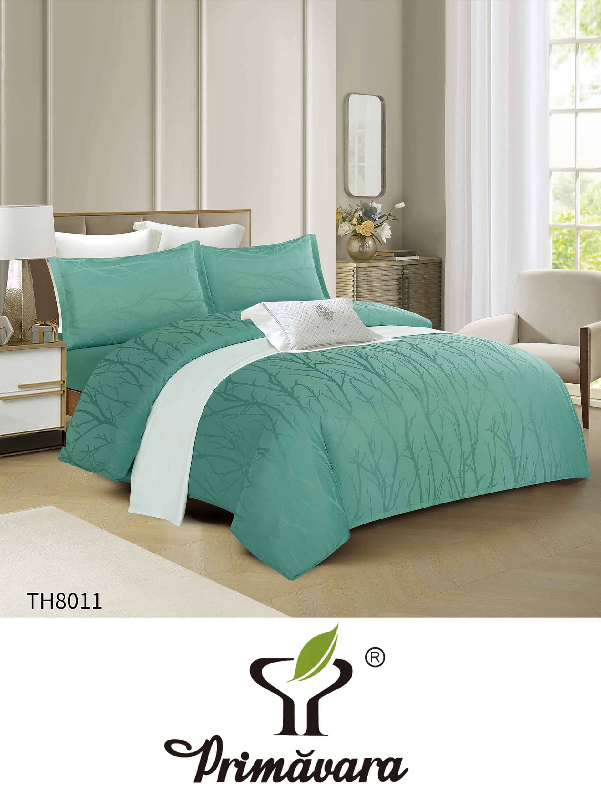 Lenjerie pat dublu, Jacquard, elastic, 4 piese, model verde menta cu frunze stilizate | Primavara – imagine produs 2