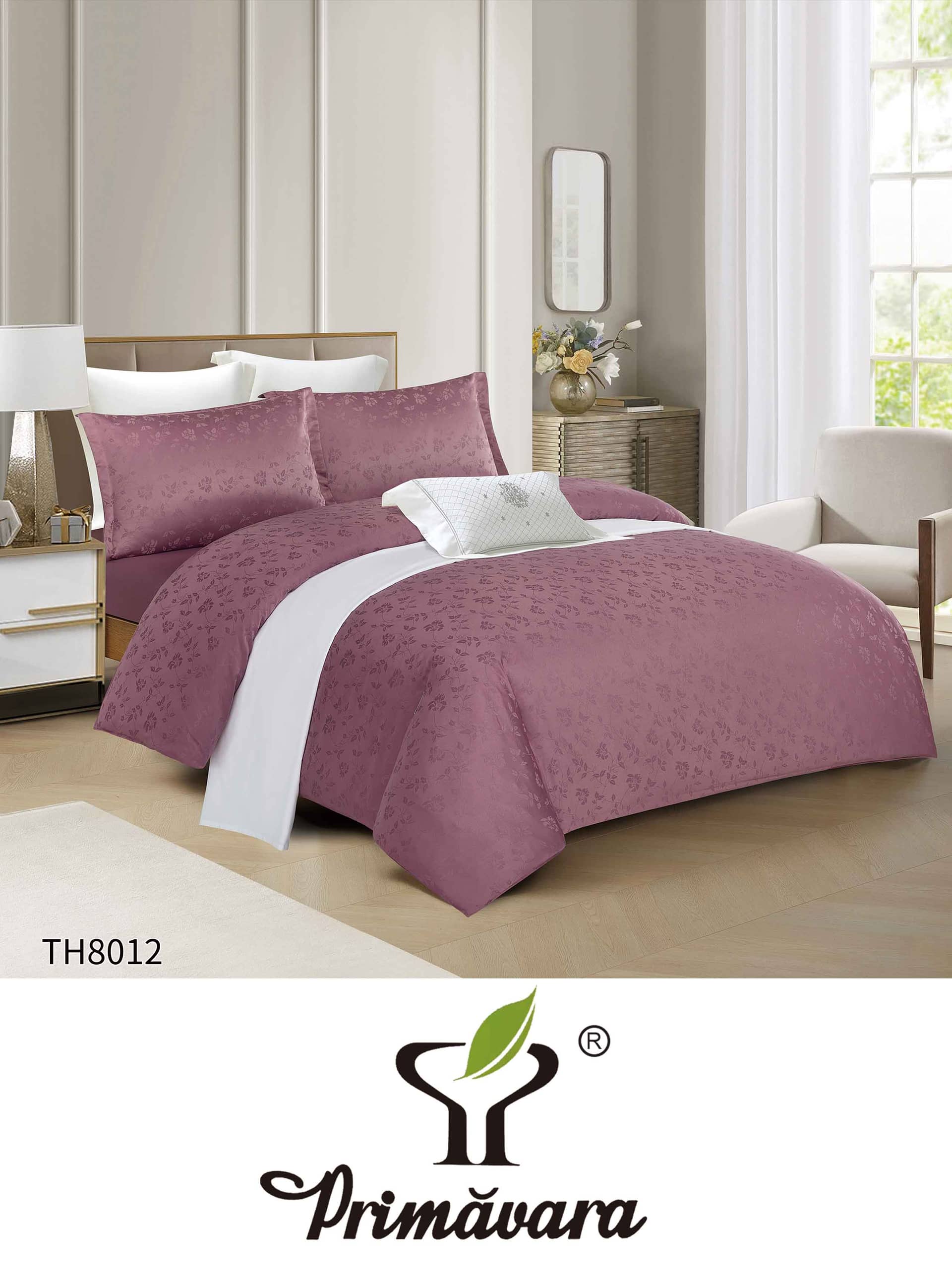Lenjerie pat dublu, Jacquard, elastic, 4 piese, model mov pruna cu puncte geometrice | Primavara – imagine produs 2