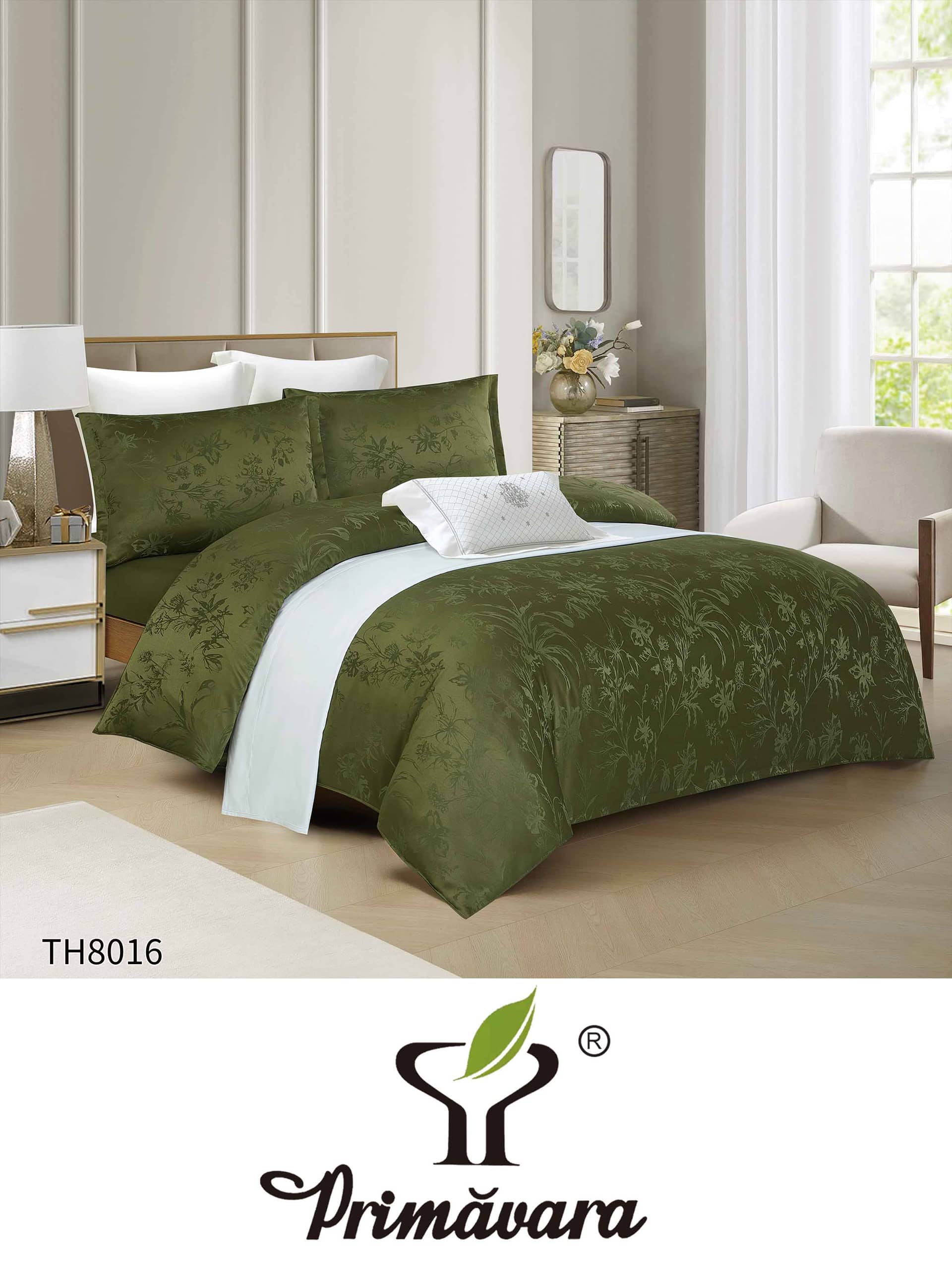Lenjerie pat dublu, Jacquard, elastic, 4 piese, model verde oliv cu flori jacard | Primavara – imagine produs 2