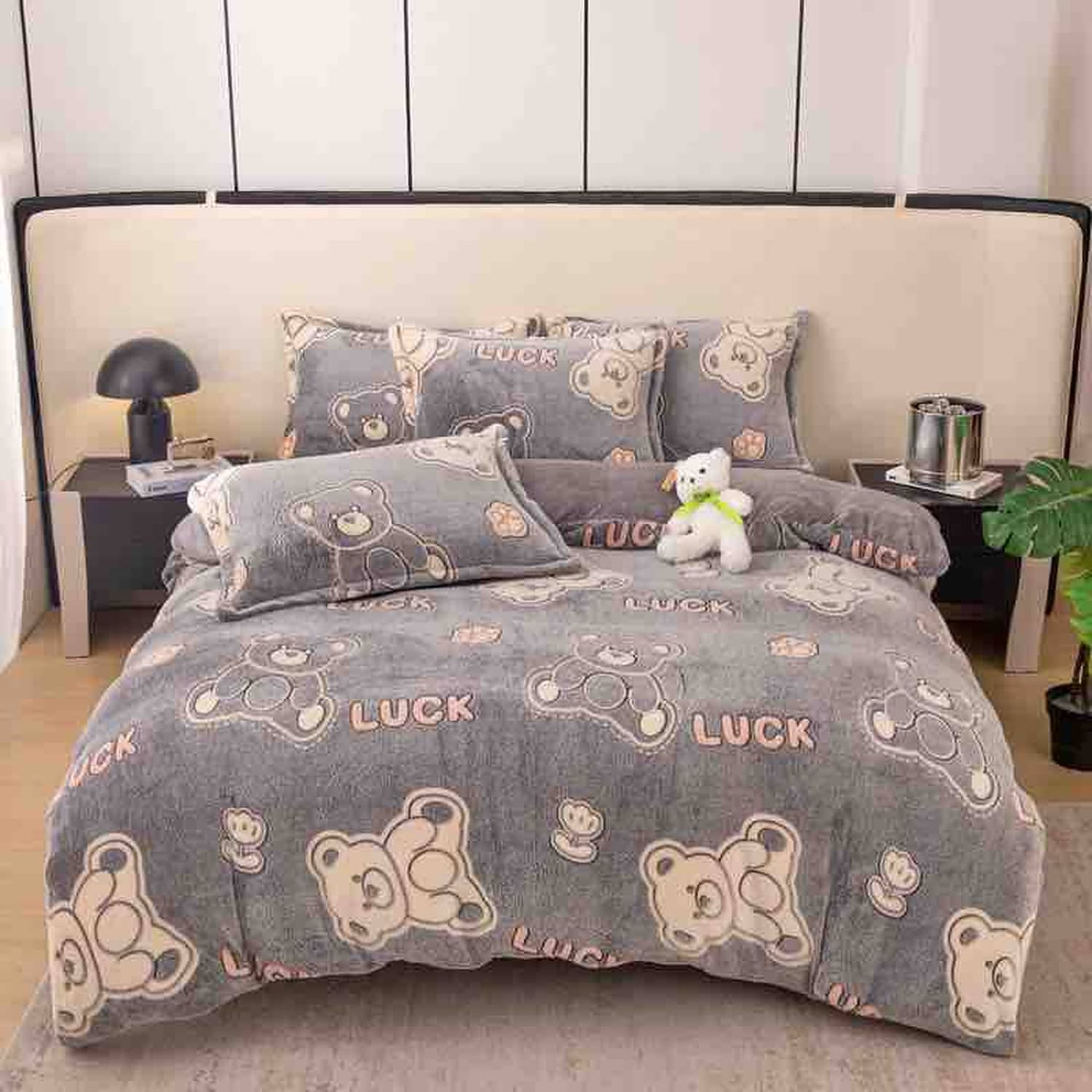 Lenjerie pat single, Cocolino, fără elastic, 4 piese, model  gri cu ursuleti | Jojo Home – imagine produs 2