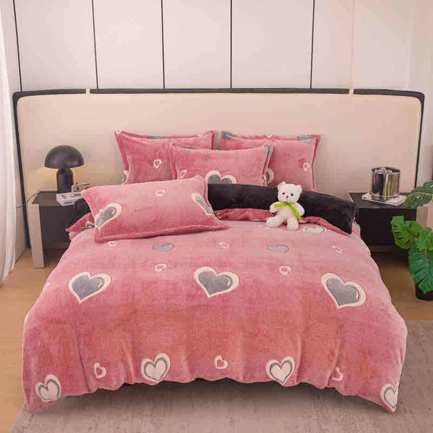 Lenjerie pat single, Cocolino, fără elastic, 4 piese, model  roz cu inimi | Jojo Home – imagine produs 2