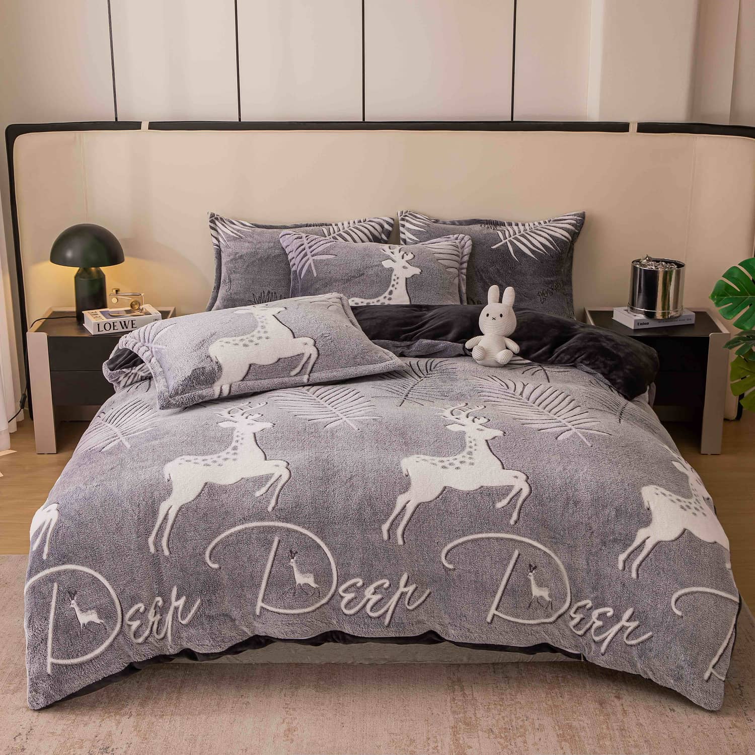 Lenjerie pat single, Cocolino, fără elastic, 4 piese, model  gri antracit cu cerbi | Jojo Home – imagine produs 2