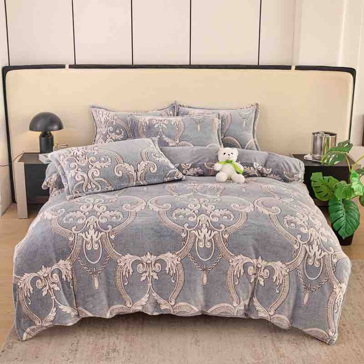 Lenjerie pat single, Cocolino, fără elastic, 4 piese, model  gri cu ornamente baroce | Jojo Home – imagine produs 2