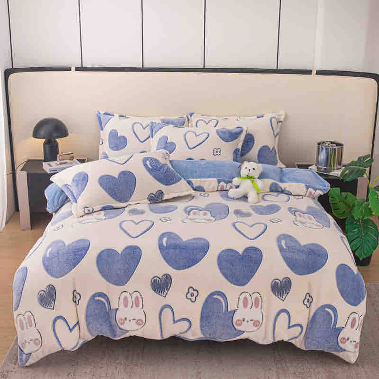 Lenjerie pat single, Cocolino, fără elastic, 4 piese, model  crem cu inimi si iepuri | Jojo Home – imagine produs 2