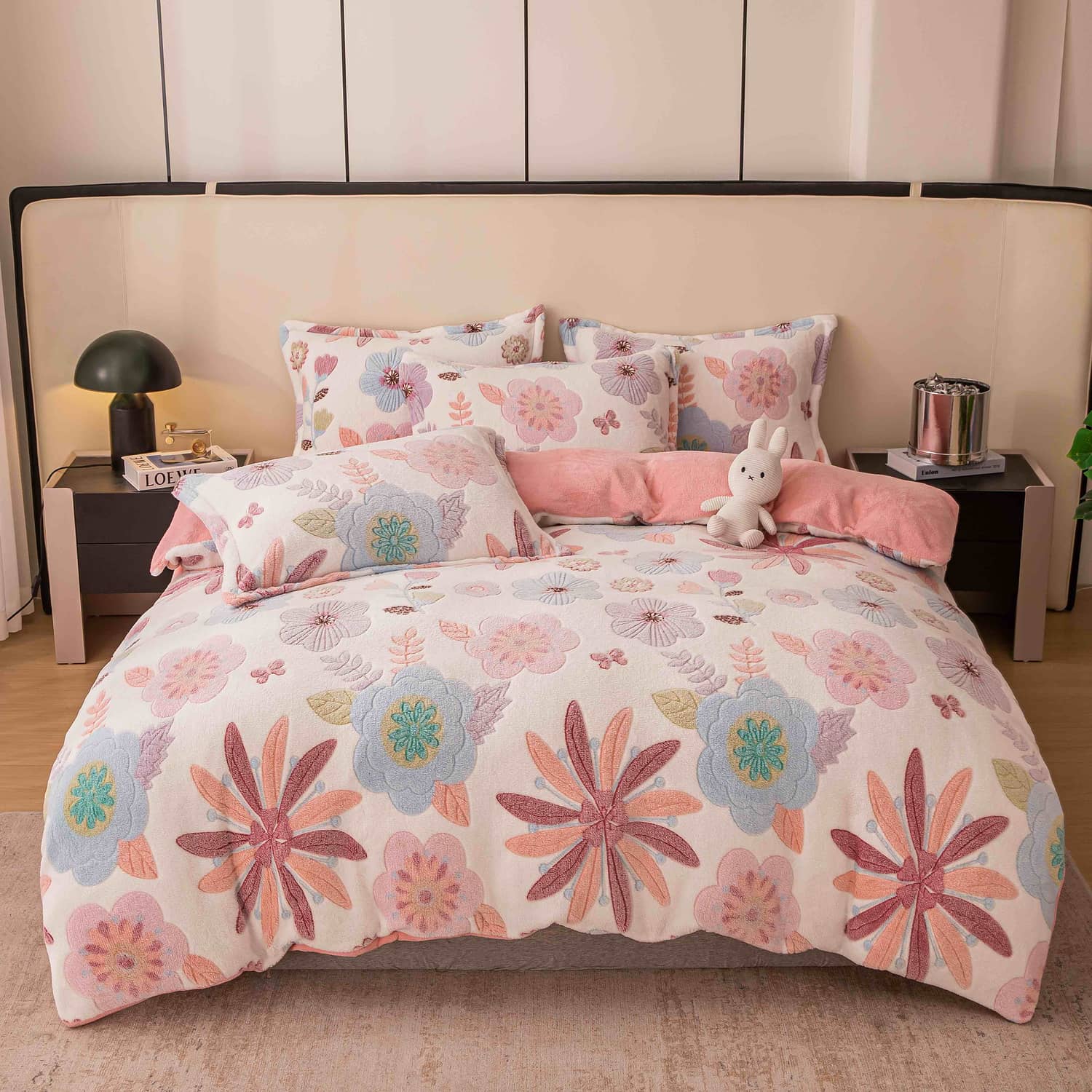 Lenjerie pat single, Cocolino, fără elastic, 4 piese, model  crem cu flori multicolore | Jojo Home – imagine produs 2