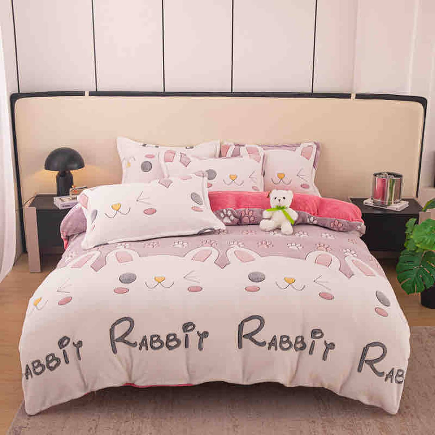 Lenjerie pat single, Cocolino, fără elastic, 4 piese, model  roz pal cu iepuri | Jojo Home – imagine produs 2