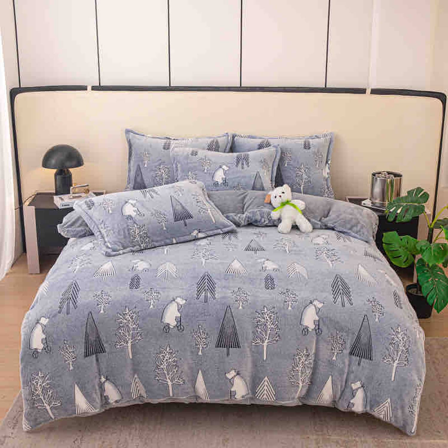 Lenjerie pat single, Cocolino, fără elastic, 4 piese, model  albastru gri cu reni si brazi | Jojo Home – imagine produs 2