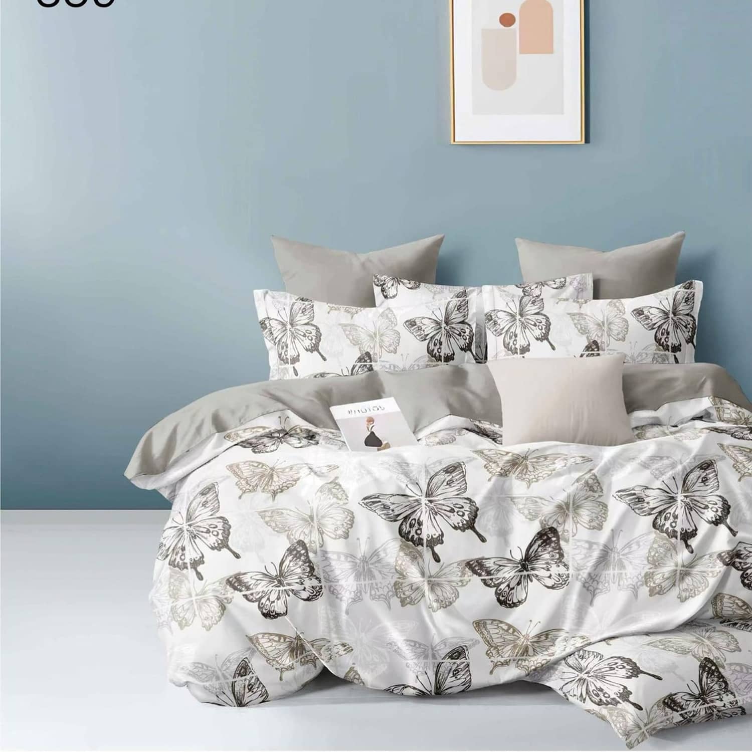 Lenjerie pat dublu, finet gros, elastic, 6 piese, model gri cu fluturi mari | East Comfort – imagine produs 3