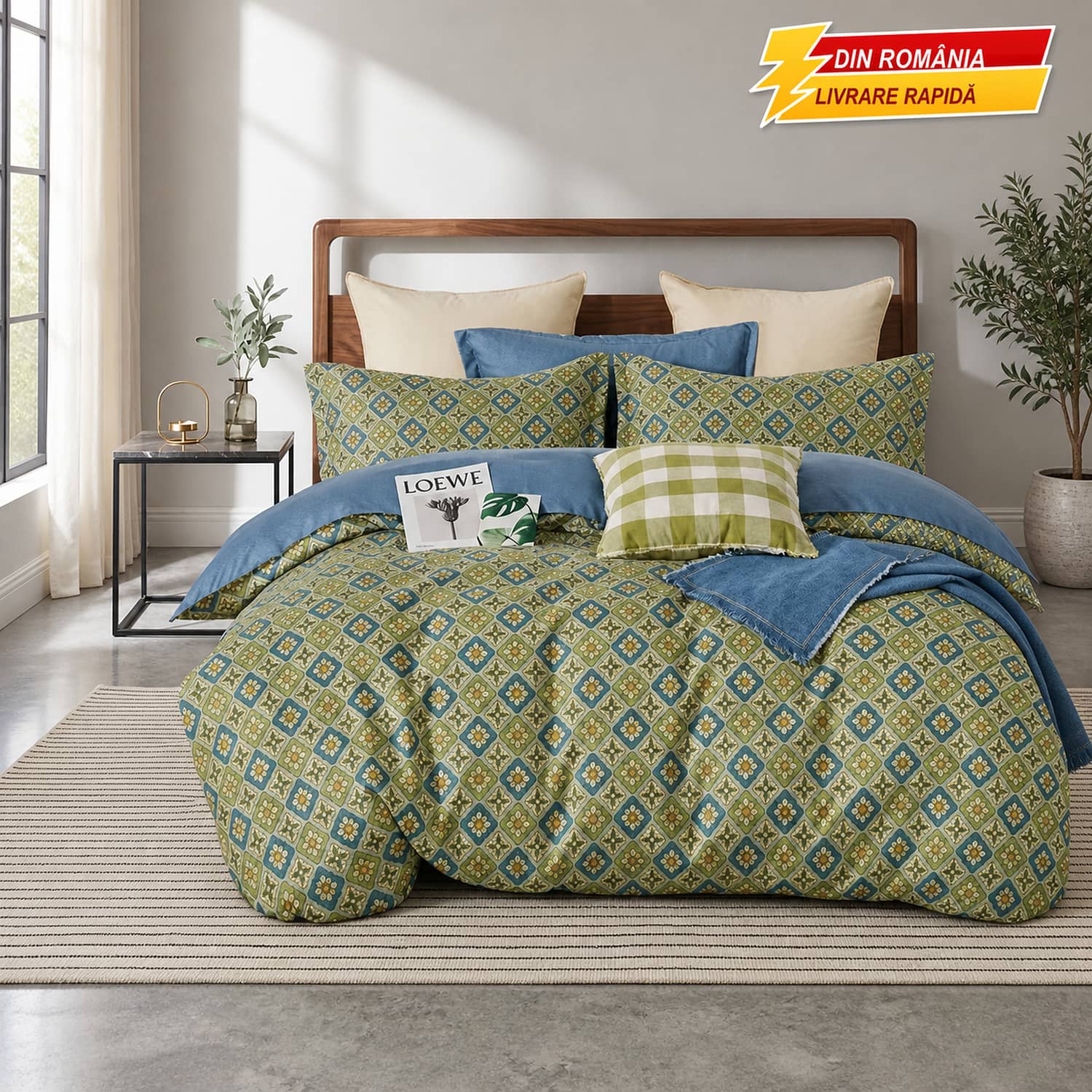 Lenjerie pat dublu, finet gros, elastic, 6 piese, model verde oliv cu motive geometrice | East Comfort – imagine produs 3