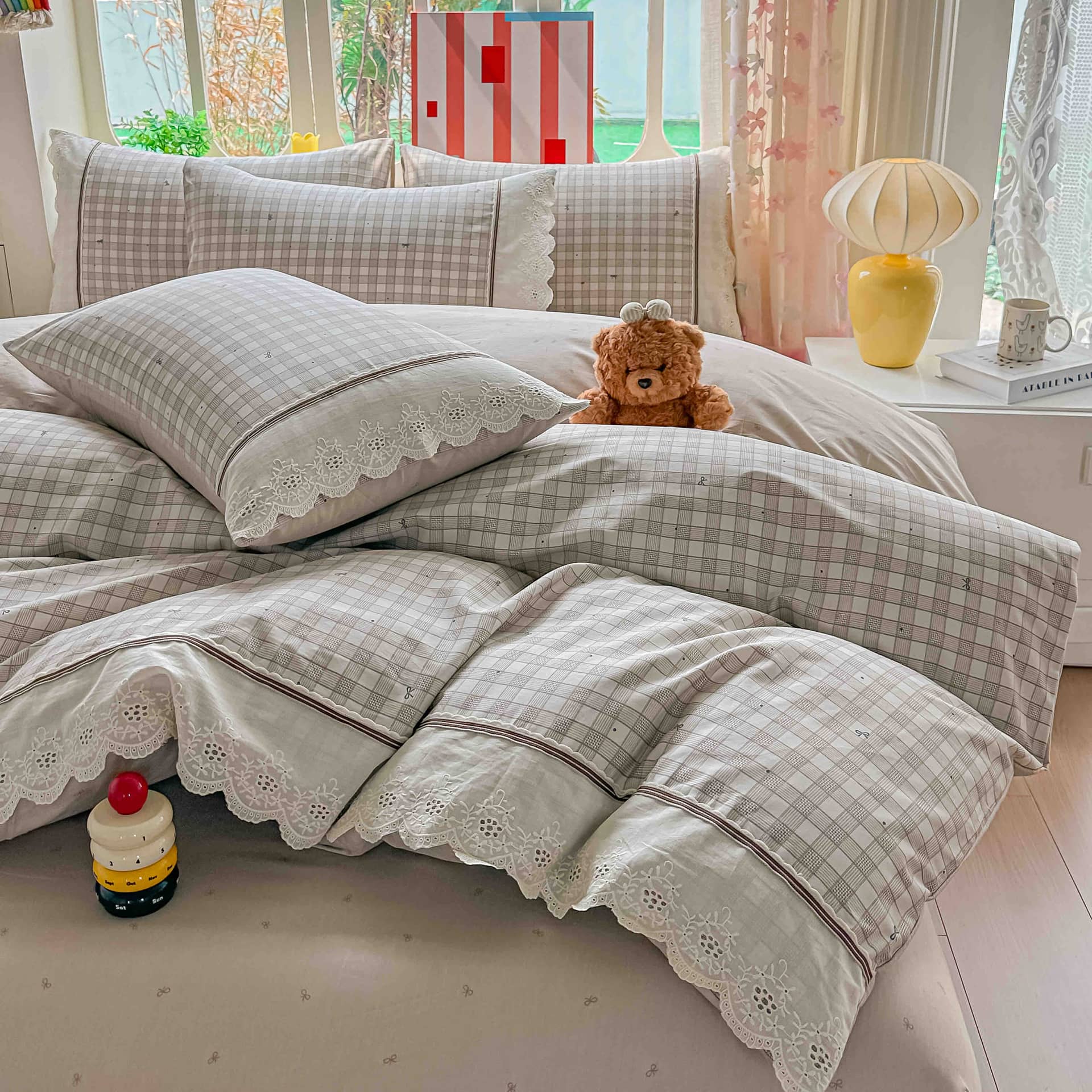 Lenjerie pat dublu, 100% bumbac, elastic, 4 piese, model bej cu carouri |Jojo Home – imagine produs 3
