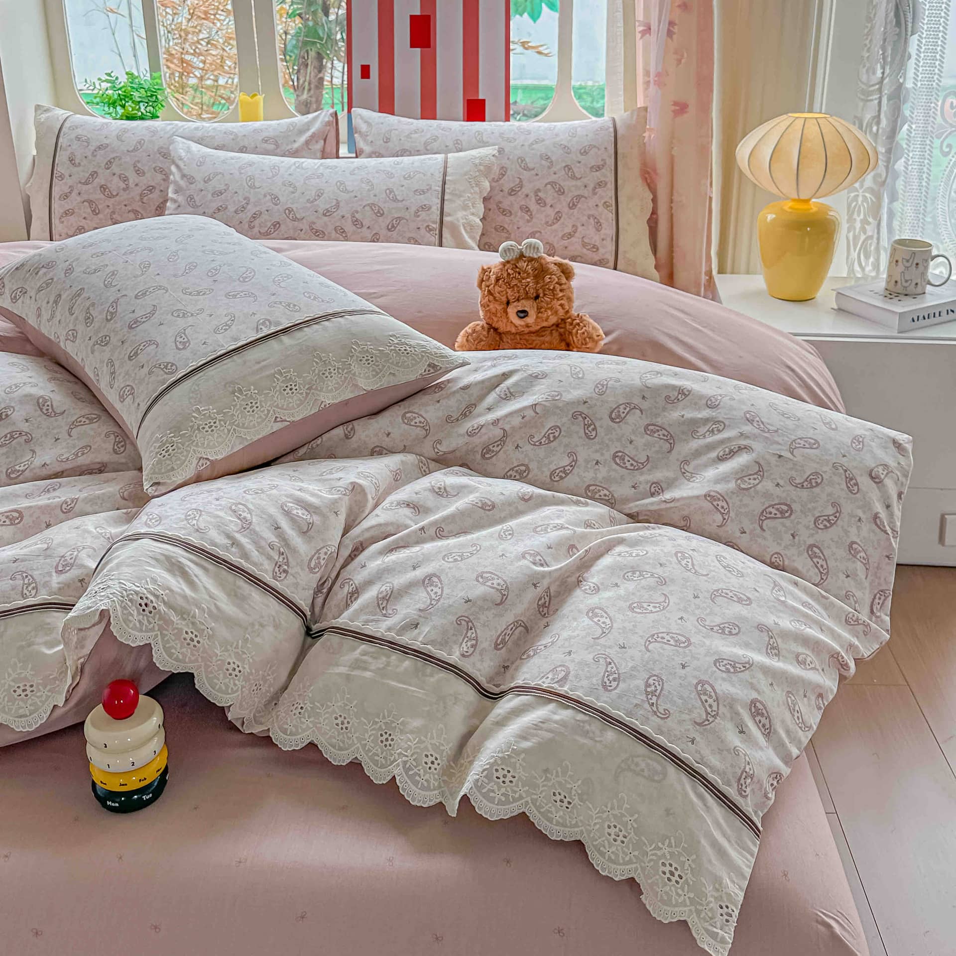 Lenjerie pat dublu, 100% bumbac, elastic, 4 piese, model roz pal cu model paisley |Jojo Home – imagine produs 3