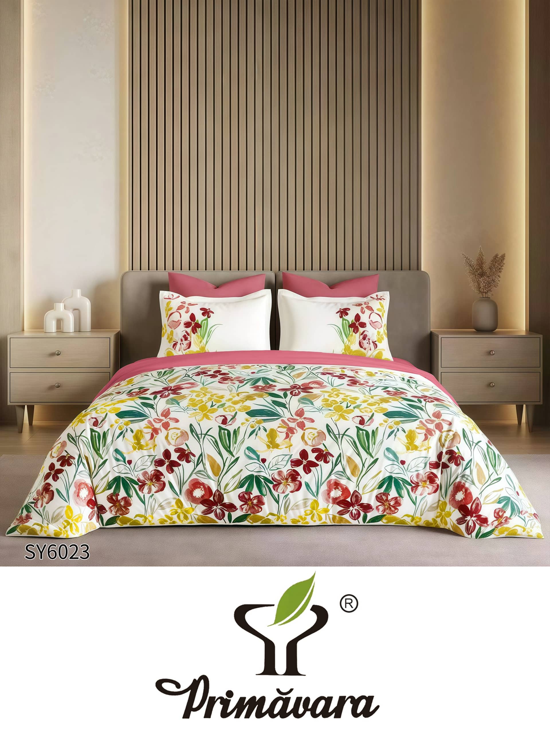 Lenjerie pat dublu, finet gros, elastic, 6 piese, model alb cu flori tropicale colorate | Primavara – imagine produs 3