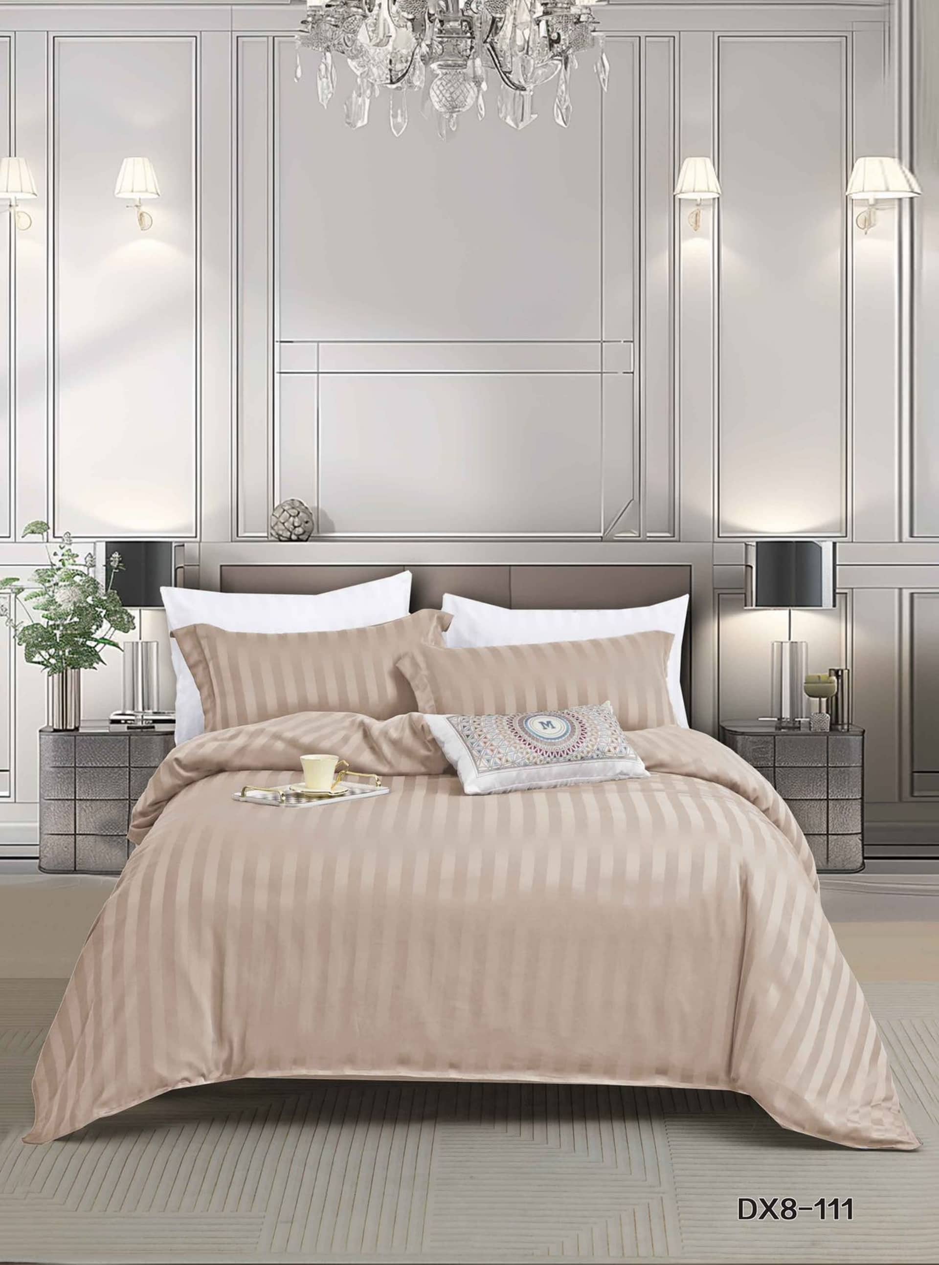 Lenjerie pat single, Damasc Finetat, cu elastic, 4 piese, model bej taupe cu dungi satinate | Primavara – imagine produs 3
